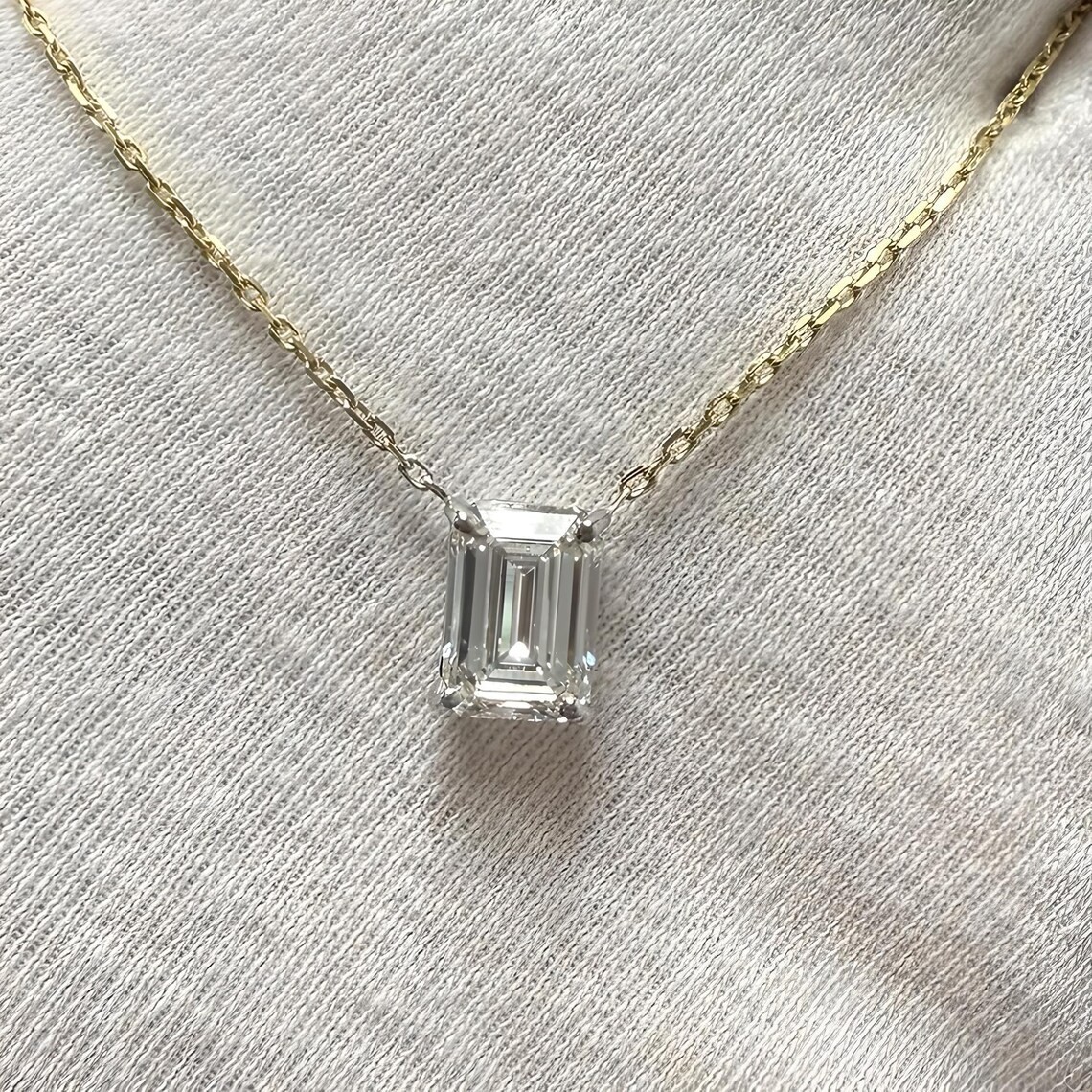 3.20CT Emerald Cut Moissanite 14K Multitoned Gold Plated Solitaire Charm Pendant