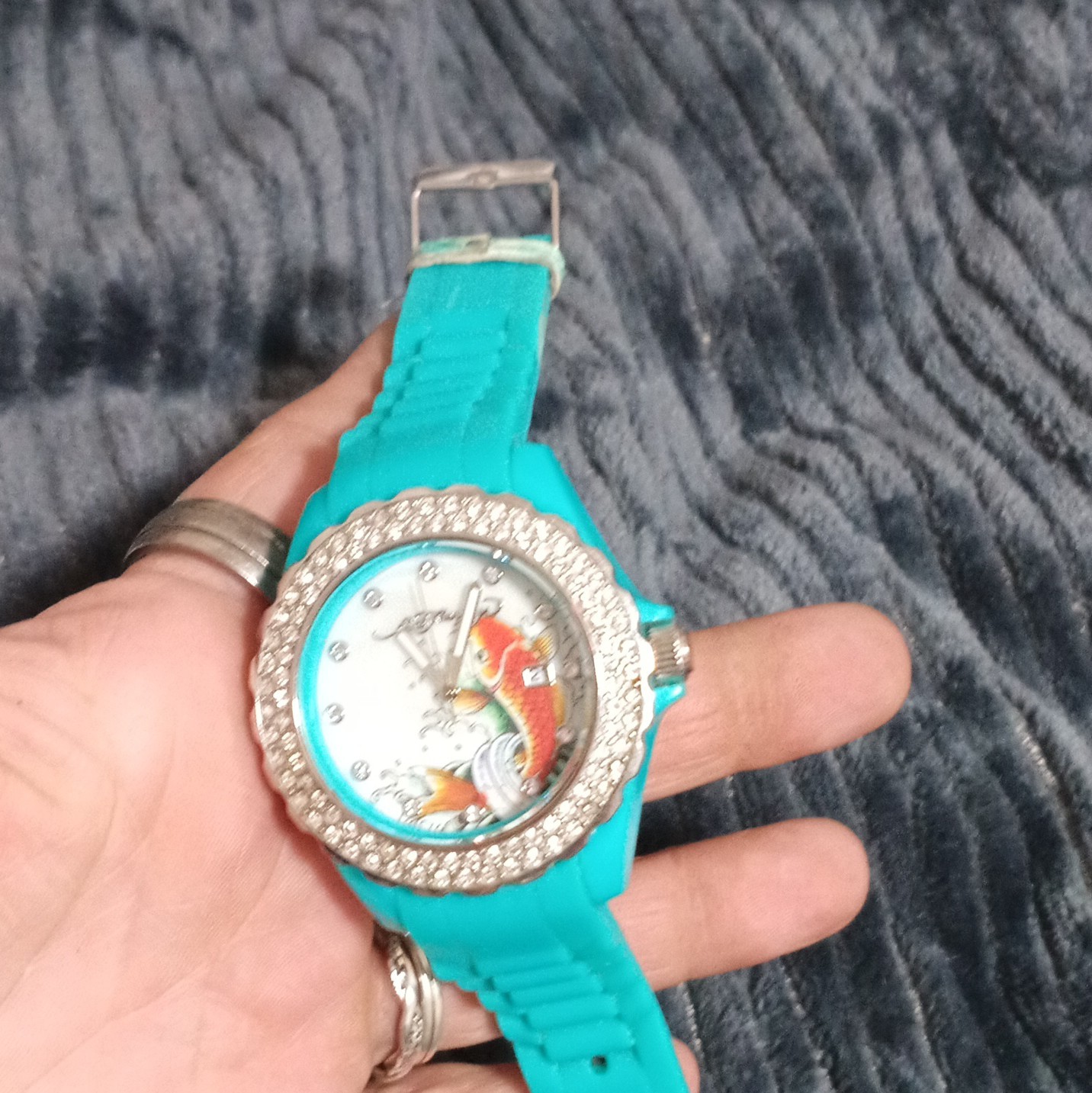 Ed Hardy Quartz Koi Fish Graphic Dial Date 3ATM Blue Rubber Strap Watch 40mm