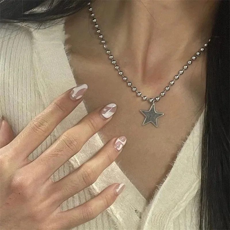 Titanium Steel Star Pendant Necklace for Men Women Y2K Hip Hop Beads Chains Chok