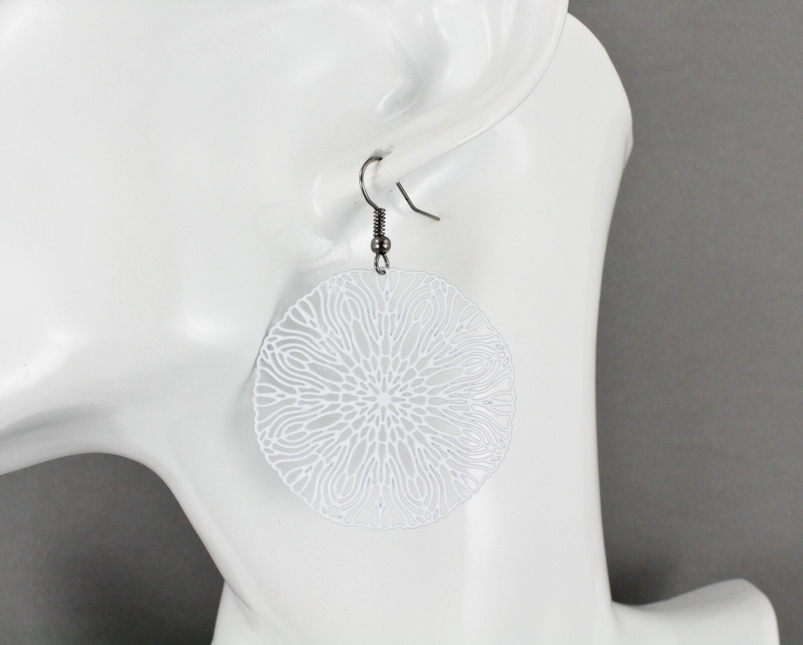 White round earrings cut out flower filigree scroll circle 2 1/8 long very Light