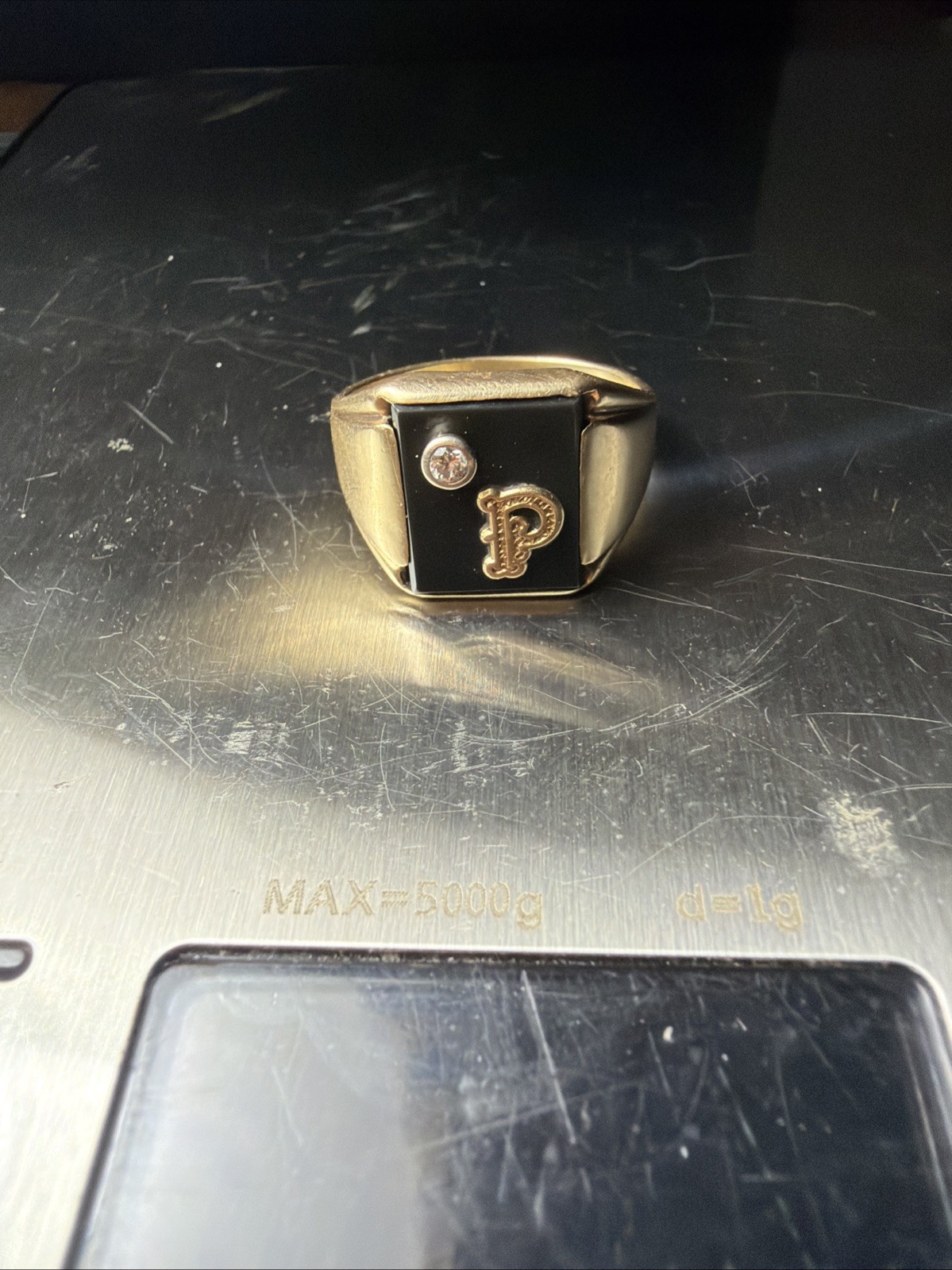 10k Solid Gold Ring With Onyx And Diamond In It Letter P-9 Grams
