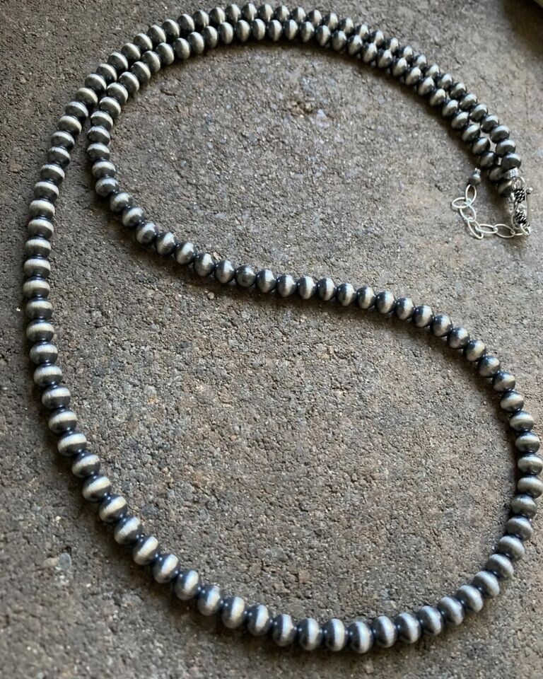 6mm 14 Inch 925 Sterling Silver Oxidized Pearls Bead Necklace Southwestern