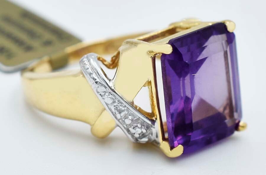 GENUINE 6.48 Cts AMETHYST & DIAMONDS RING 10K GOLD – Free Appraisal Service -NWT