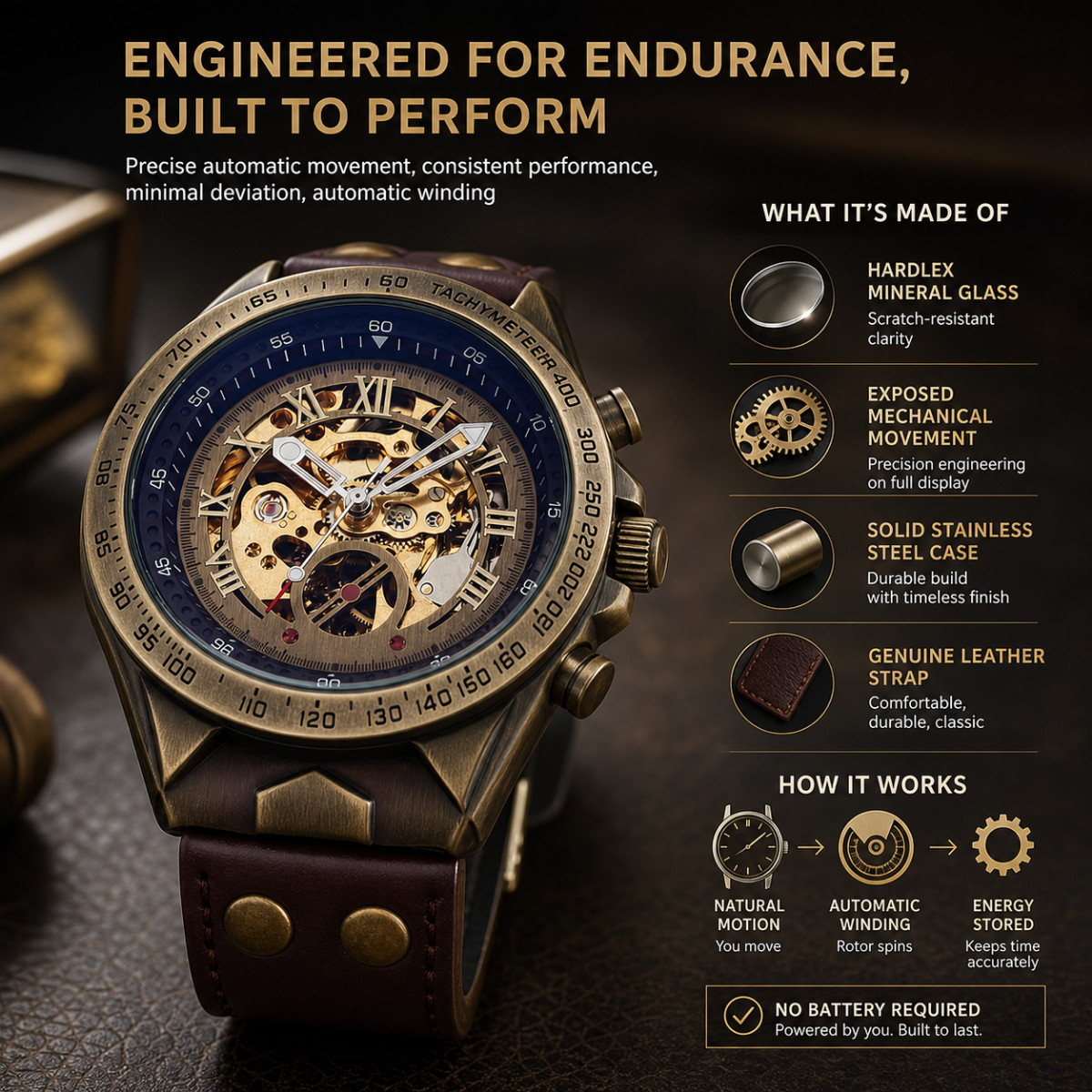 Men’s Luxury Automatic Mechanical Watch Skeleton Dial Leather Strap Retro