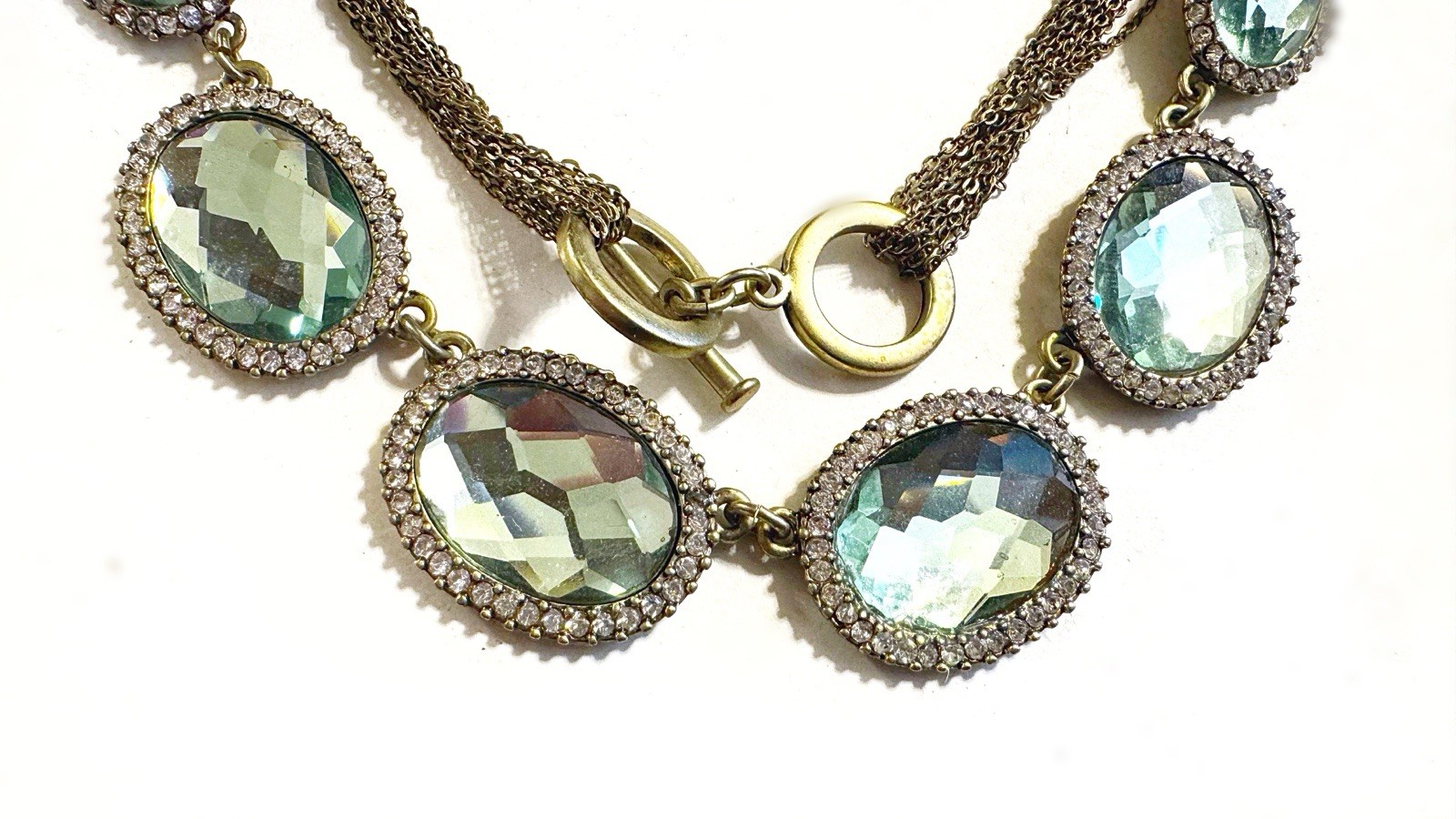 VTG Mythologie Green Faceted Crystal Statement Necklace Rhinestone Halo $98 NIB