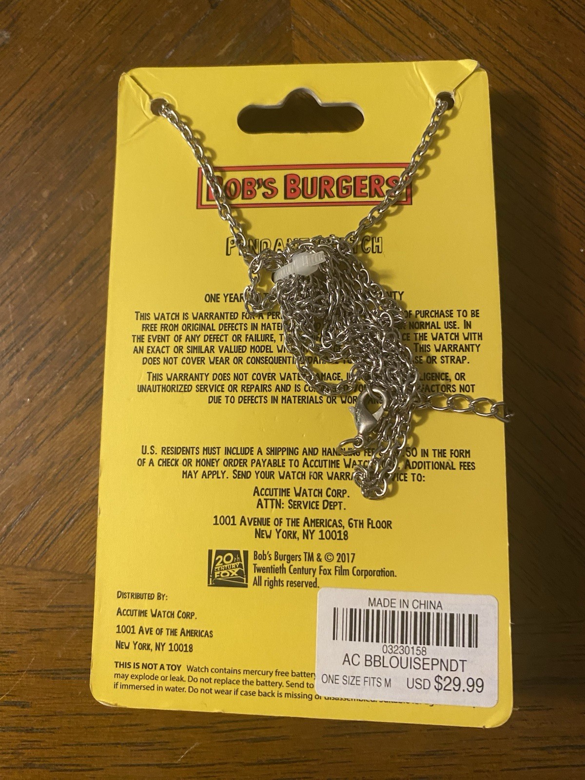Bobs Burgers 20th Century Fox Louise Belcher Pendant Watch In Card! Quick Ship