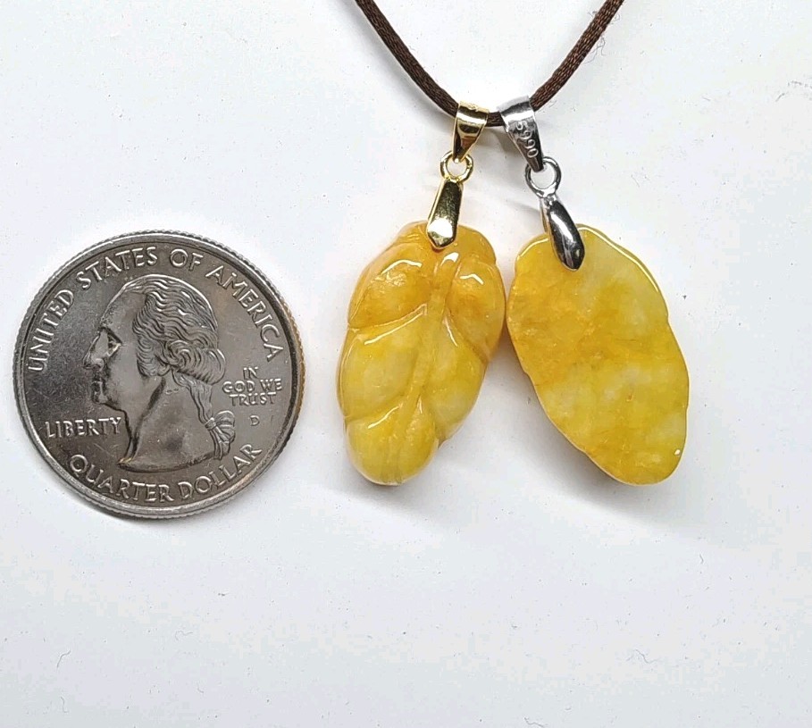 Lot of 1 Certified Jade Leaf Pendant Yellow Natural Jadeite 黄色翡翠A货 叶子玉吊坠 大业有成