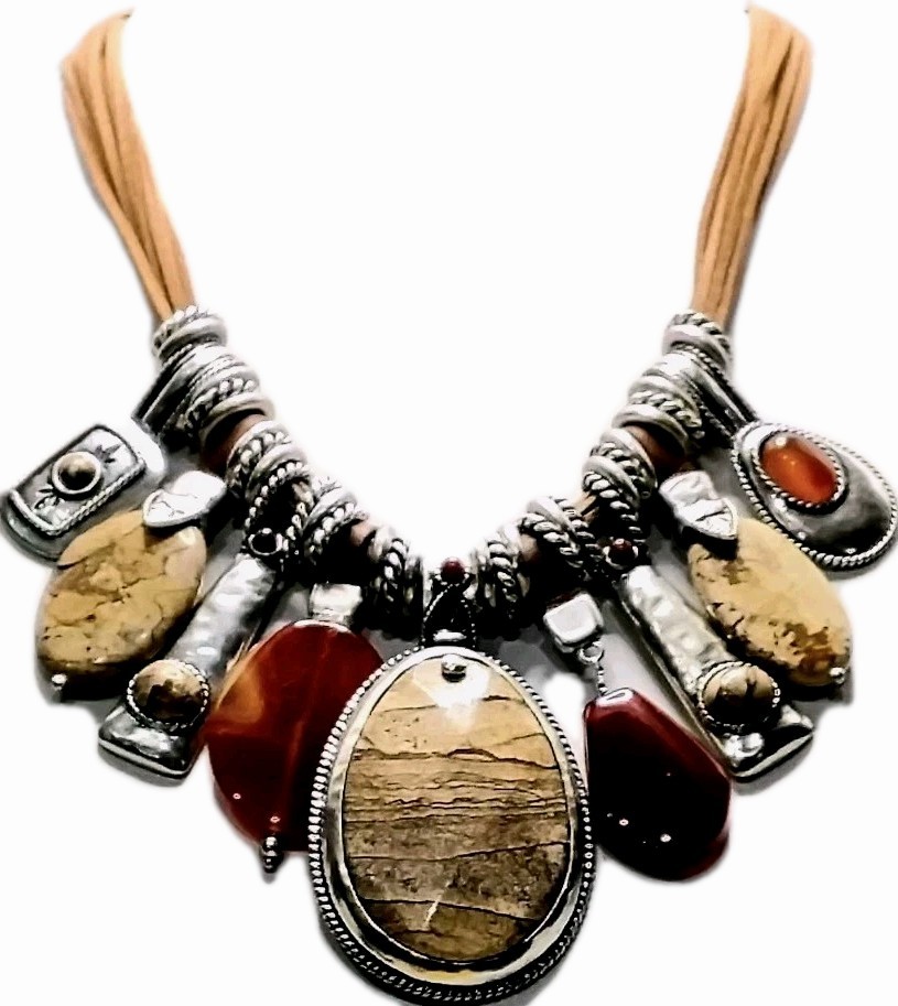 CHICO’S Pretty as a “Picture 🖼 Jasper” 12″L Necklace+Matching 2″L Earrings Ag1