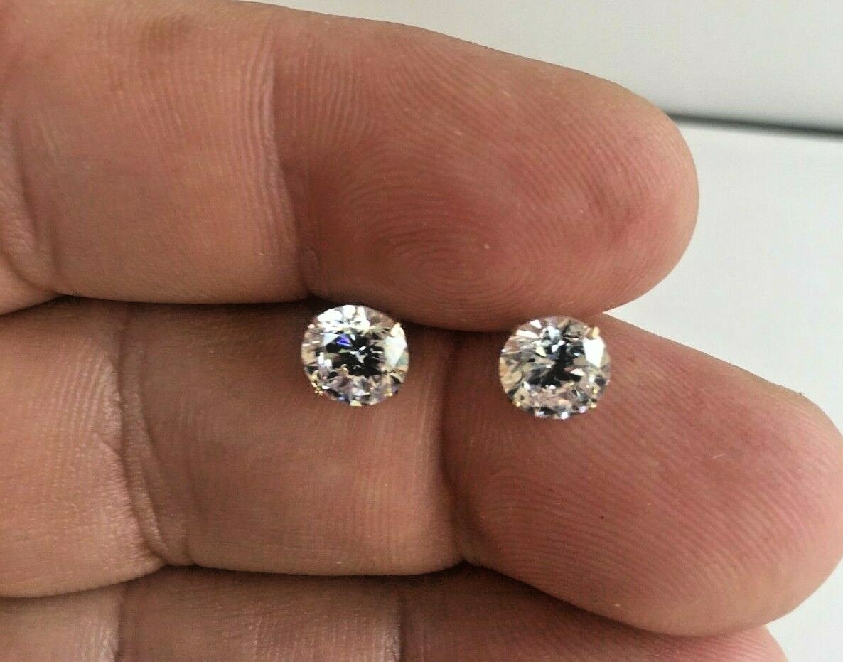 14K SOLID YELLOW GOLD STUD EARRINGS W/ 4 CARATS ROUND SIMULATED DIAMONDS
