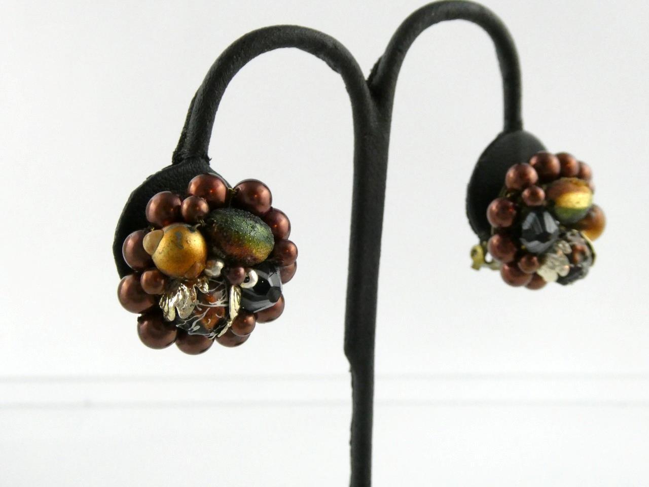 Vintage Rhinestone Clip on Earrings Burgundy Iridescent Lava Rock Gems Unsigned