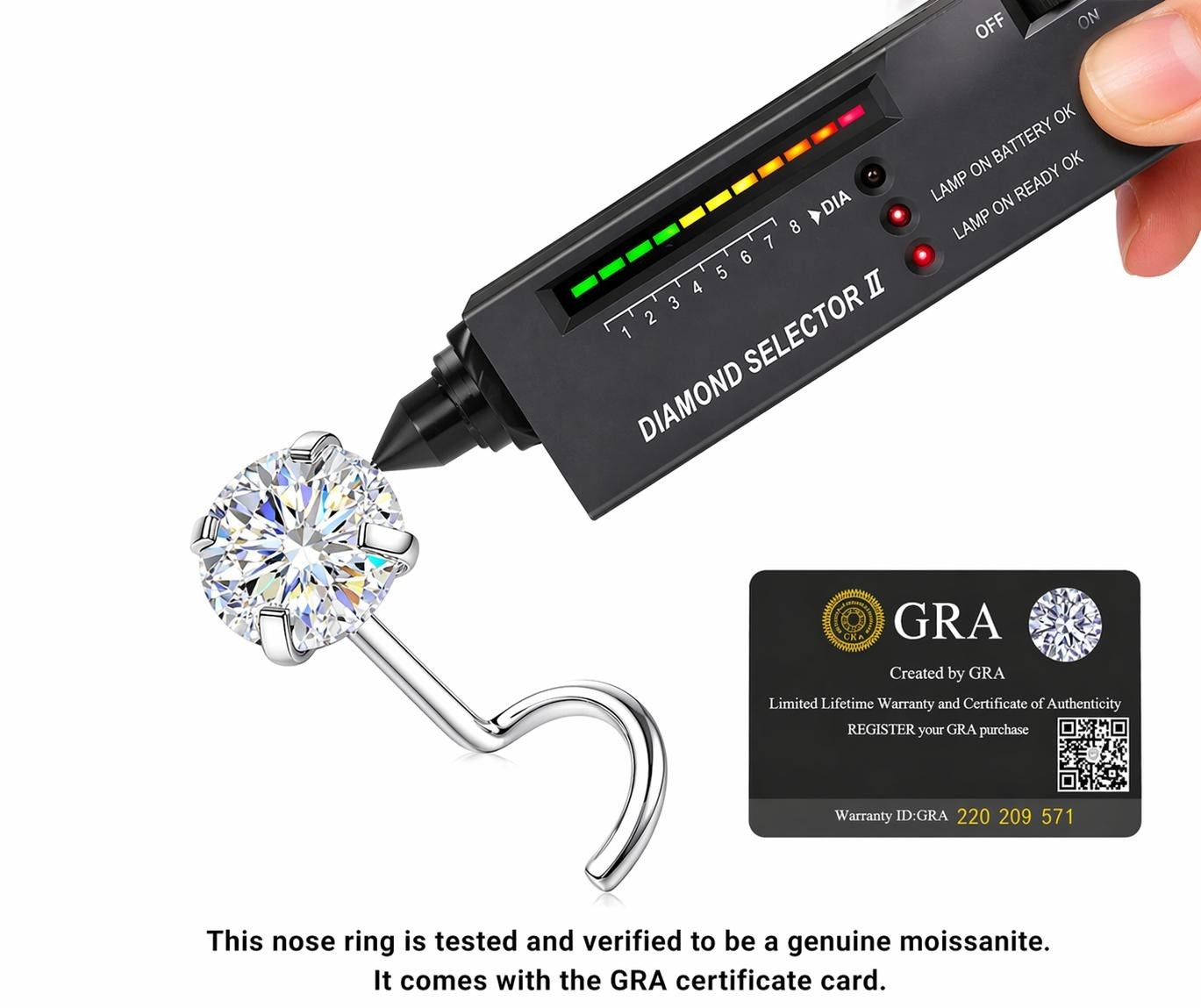 Moissanite Titanium Nose Stud Corkscrew shape 18 Gauge comes with GRA CRD