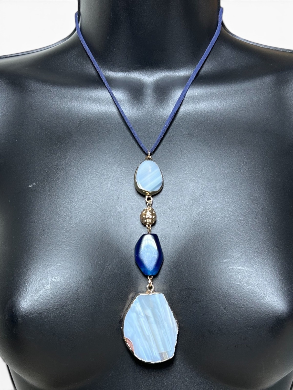 VERSONA Jewelry Royal Blue Statement Necklace Blue Lace Agate Deep Blue Stone