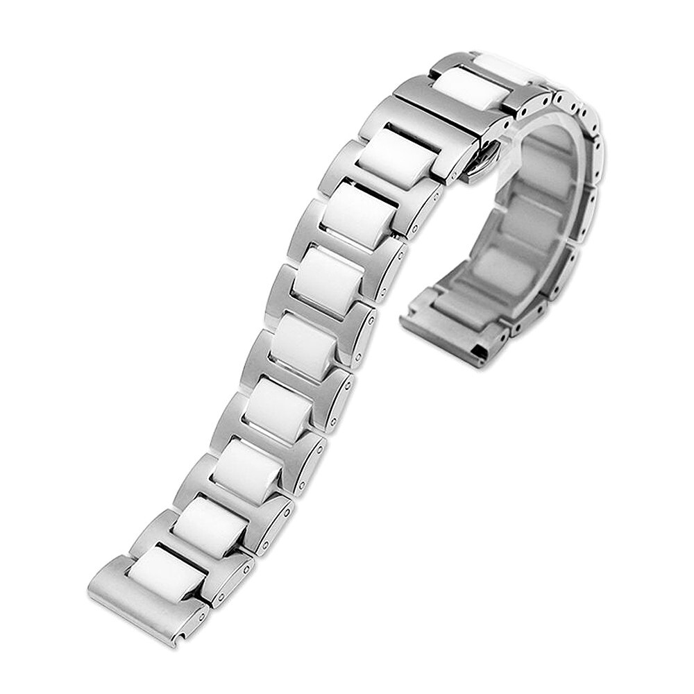 14mm 16mm 18mm 20mm 22mm Black White Stainless Steel + Ceramic Watch Strap Band