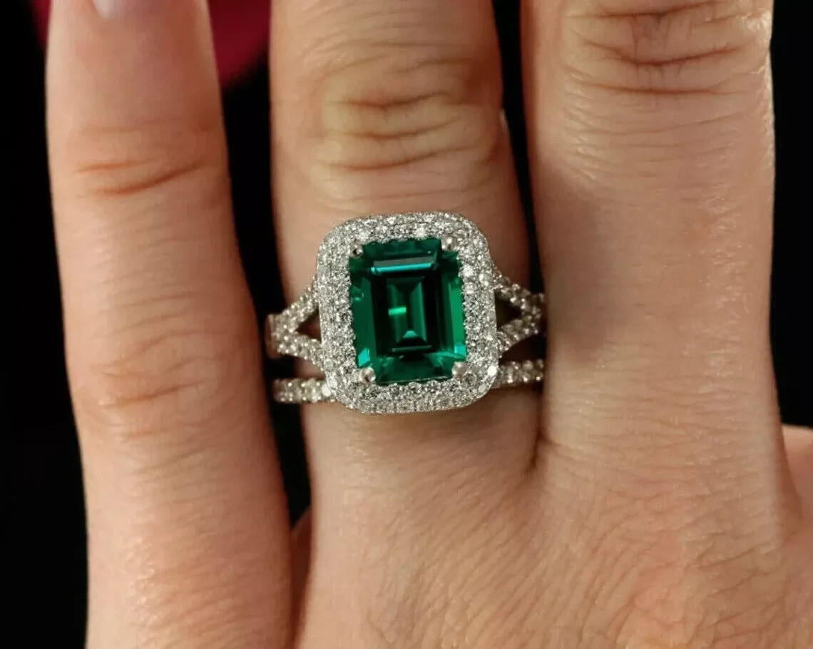 3Ct Emerald Cut Lab-Created Emerald Halo Engagement Ring 14K White Gold Plated