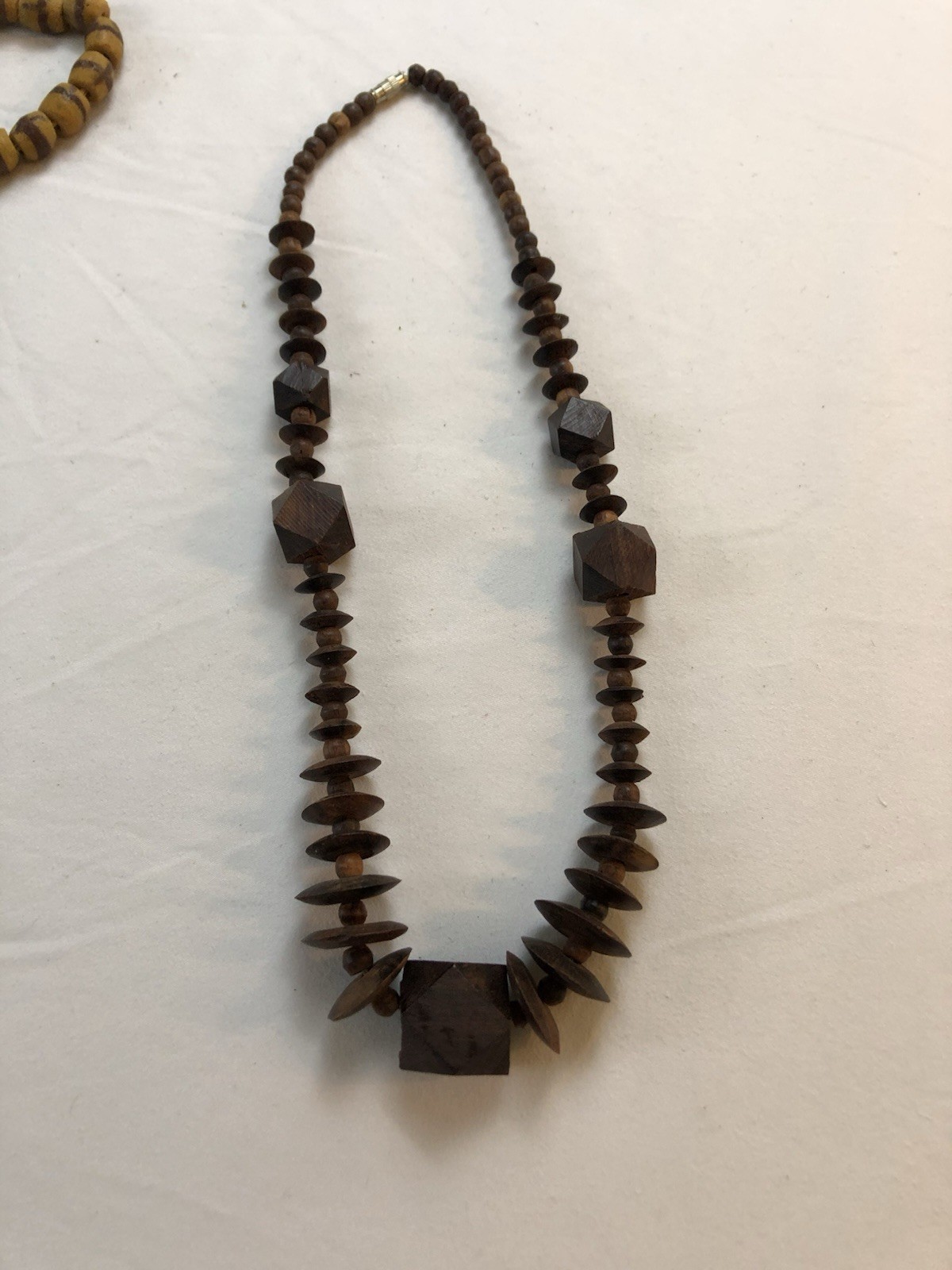 Vintage Handcrafted Dark Wood Beaded Statement Necklace Geometric Boho Artisan