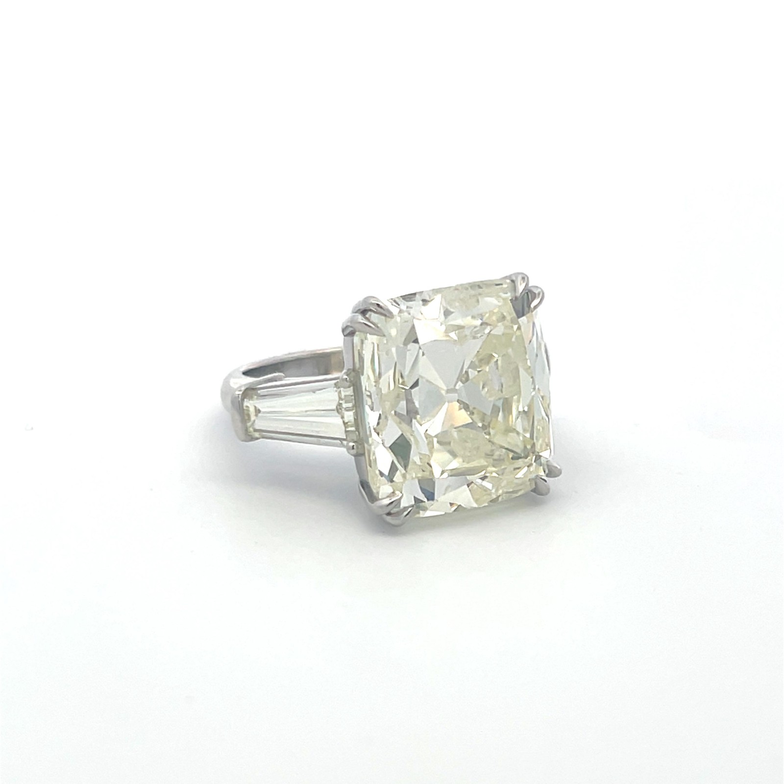 Platinum Engagement Ring with 22.41ct Cushion & Tapered Baguette Diamonds GIA