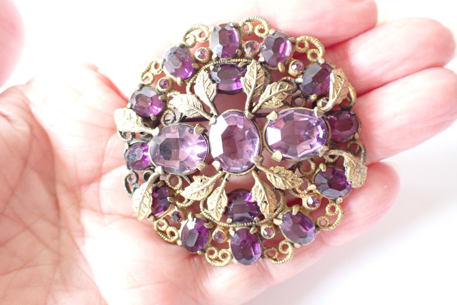 Vintage Czech Gold Tone Filigree Brooch W/ Purple Open Back Rhinestones Paste