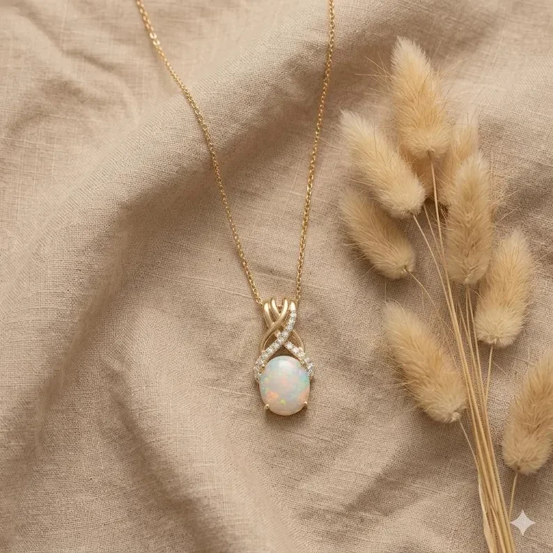 Oval Opal Criss Cross Pendant Necklace Gold Tone CZ Elegant October Birthstone