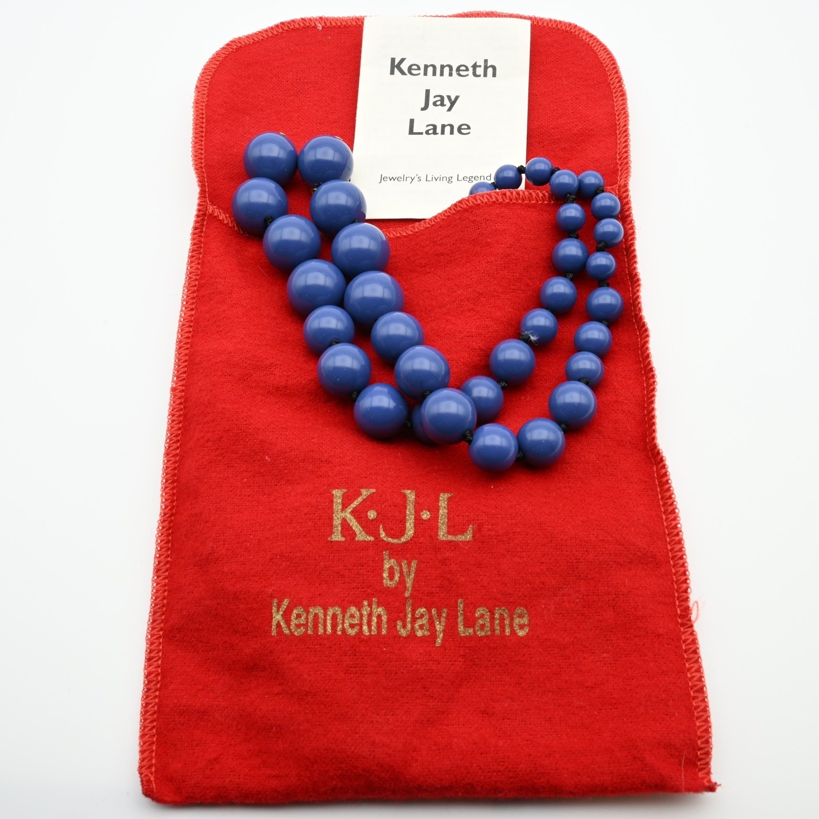 Rare Kenneth Jay Lane KJL Blue Resin Graduated Bead Lariat Necklace 52″ w/ Pouch