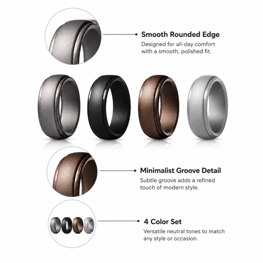 4-Pack Silicone Wedding Rings, Unisex Rubber Bands for Active Lifestyles & Sport