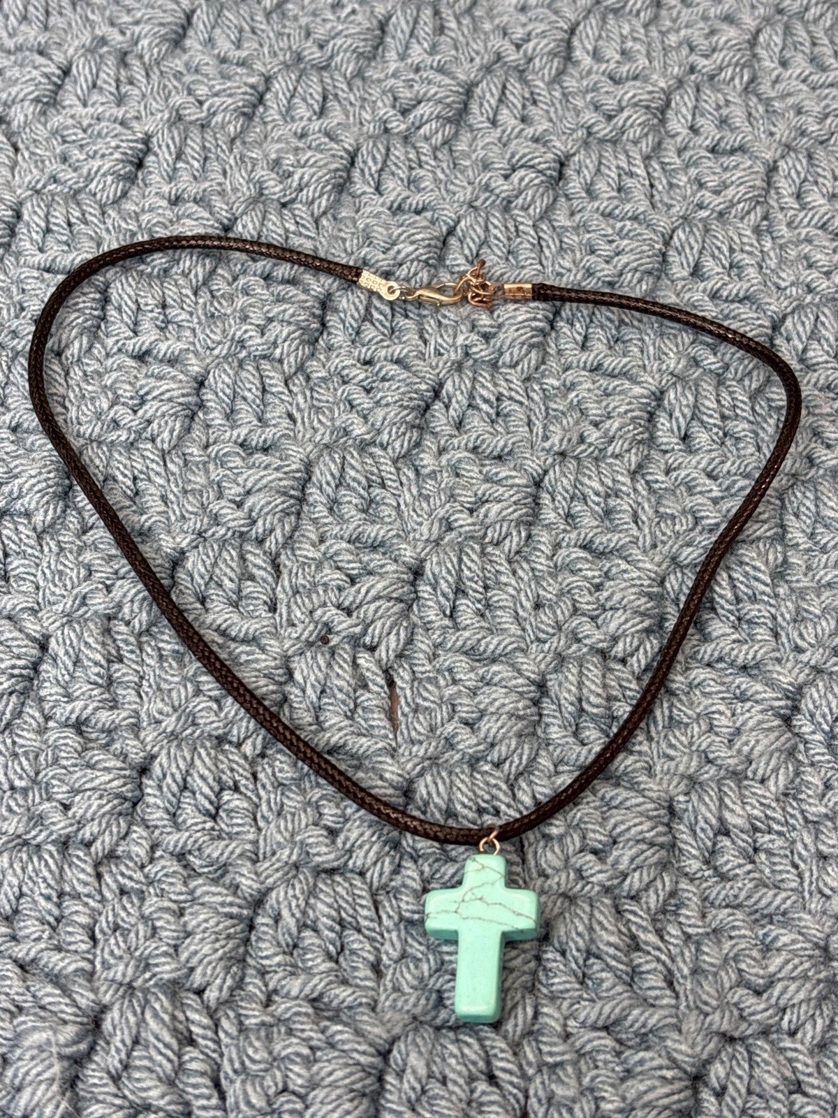 Plastic Faux Turquoise Cross Pendant Necklace Black Cord 16 – 17 inches Long