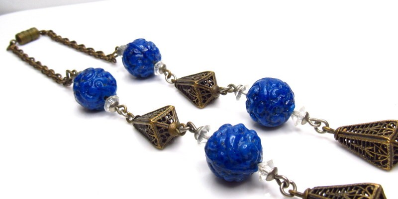 Art Deco Neiger Carved Lapis Glass Necklace