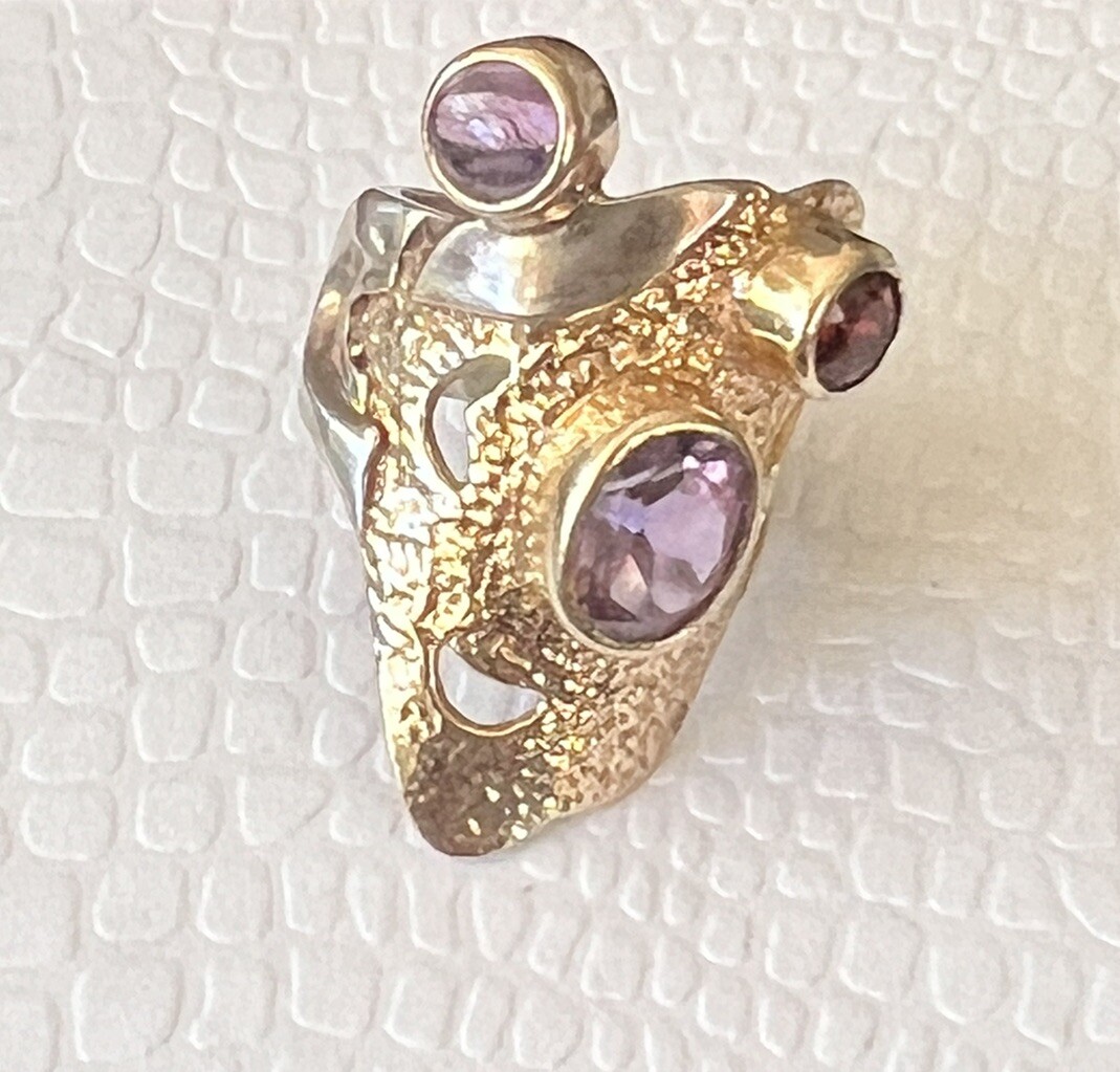 Unique Artisan Signed Yes Two Toned Sterling 925 Amethyst Garnet Wide Band Ring