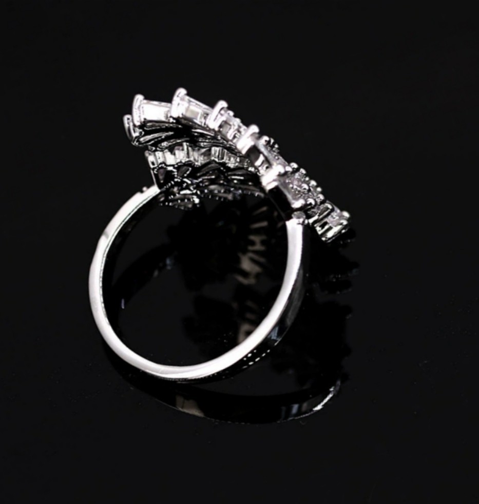 Elegant Clear CZ Cluster Silver Plated Alloy Leaf Adjustable Fashion Open Ring