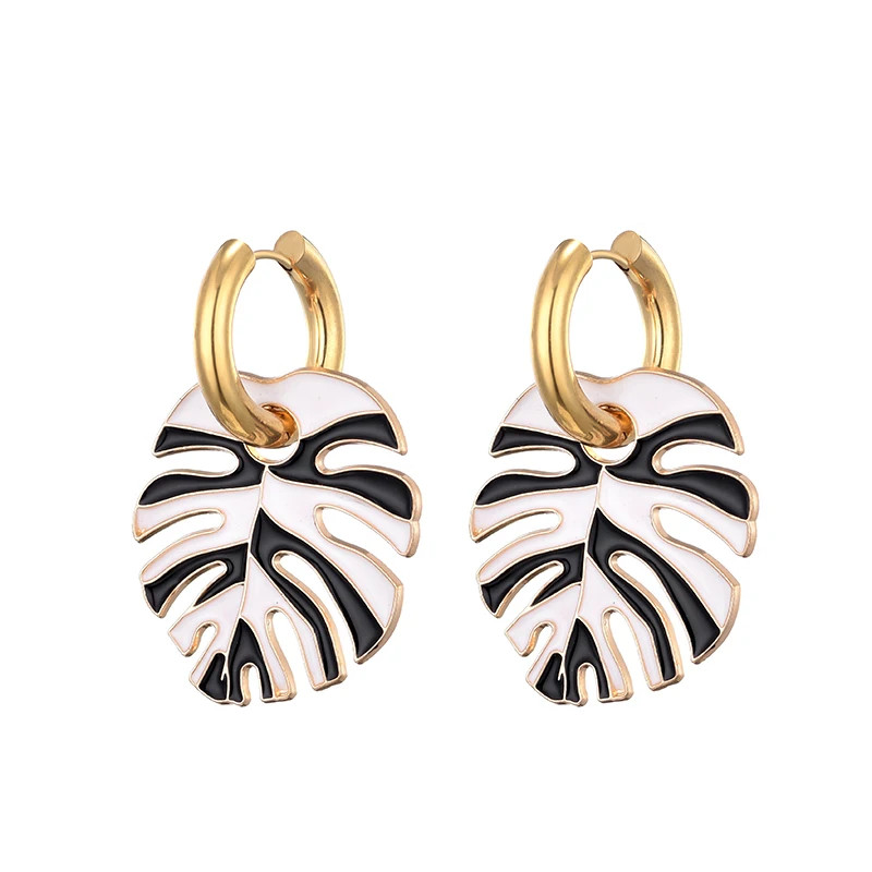 Colorful Big Leaf Pendant Gold Color Stainless Steel Earrings For Women