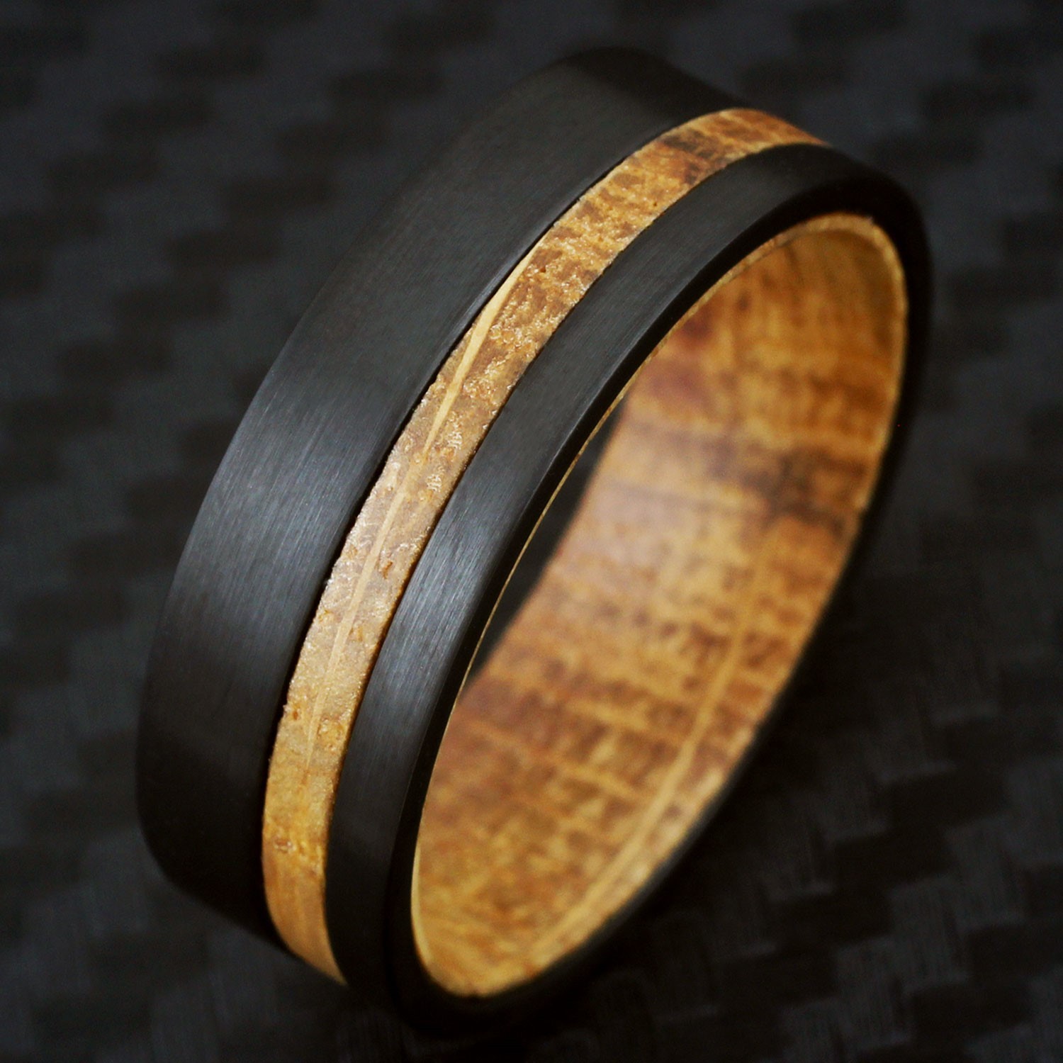 8mm Men’s Black Brushed Tungsten Carbide-Whiskey Barrel Wood Wedding Band Ring