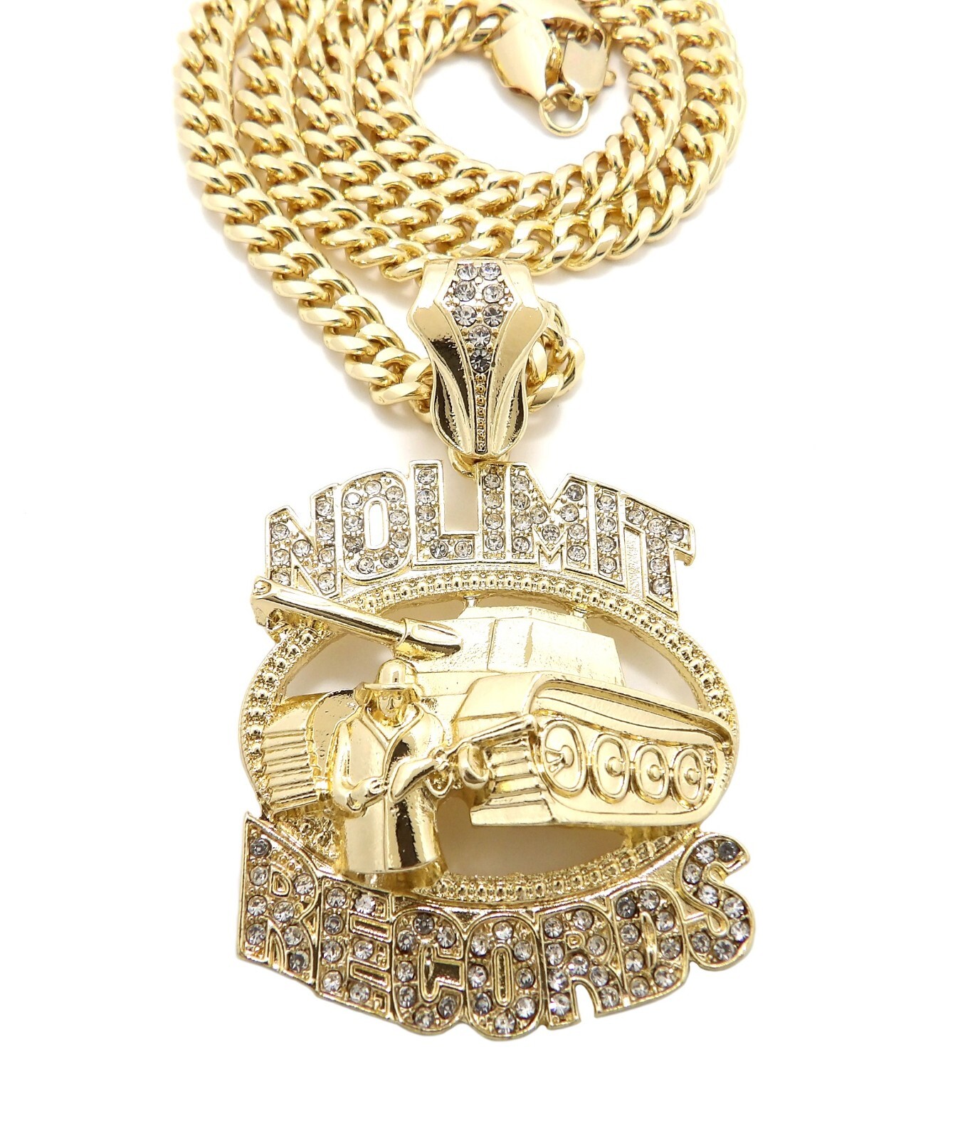 No Limit Records Tank Cubic Zirconia Pendant Gold Plated Cuban Chain Necklace