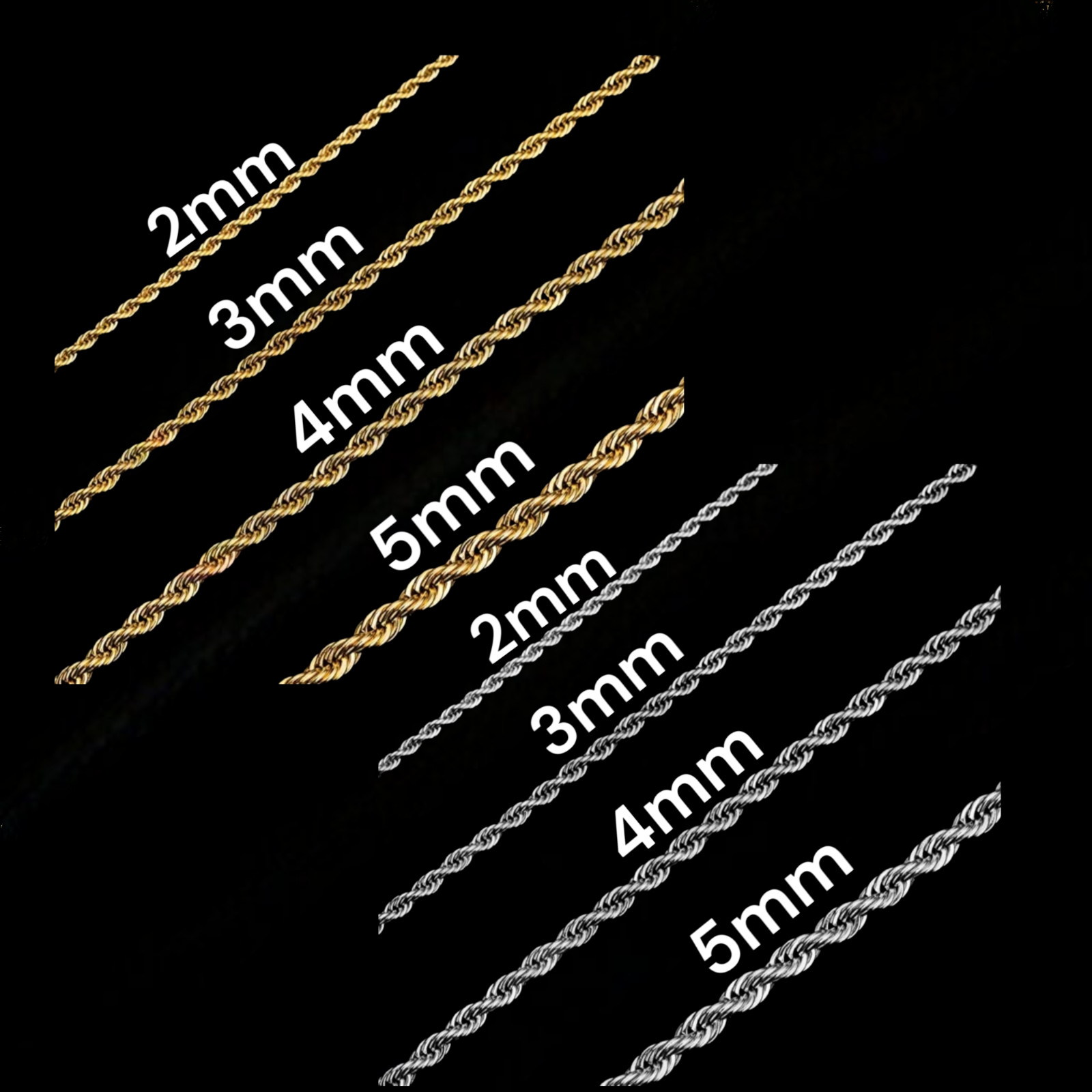Stainless Steel Gold Plated Rope Chain 2,3,4,5mm Unisex, Hip Hop Jewelry 16-24″