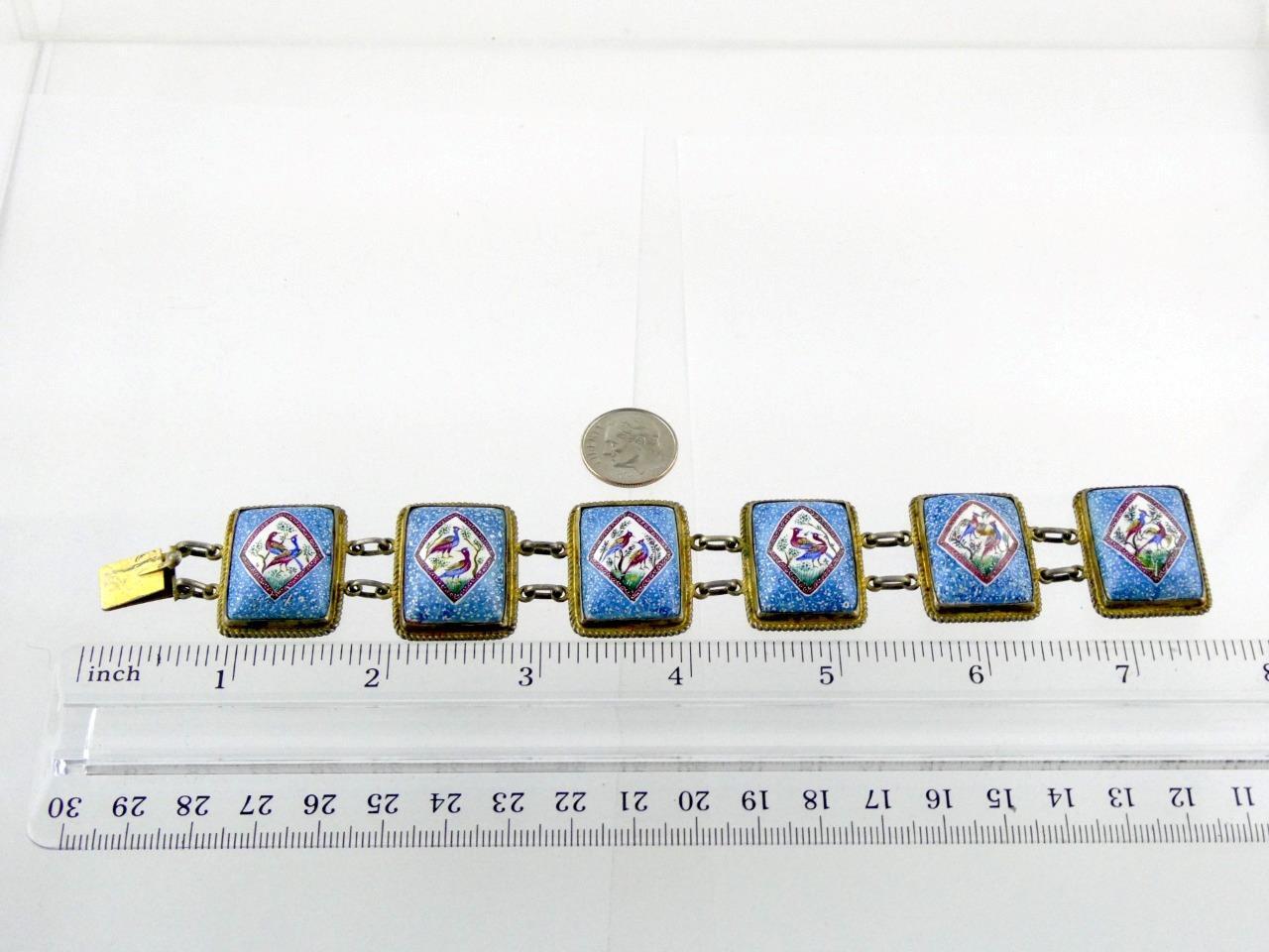 Vintage Sterling Silver Enameled Porcelain Panel Bracelet Bird Designs 6 7/8 In