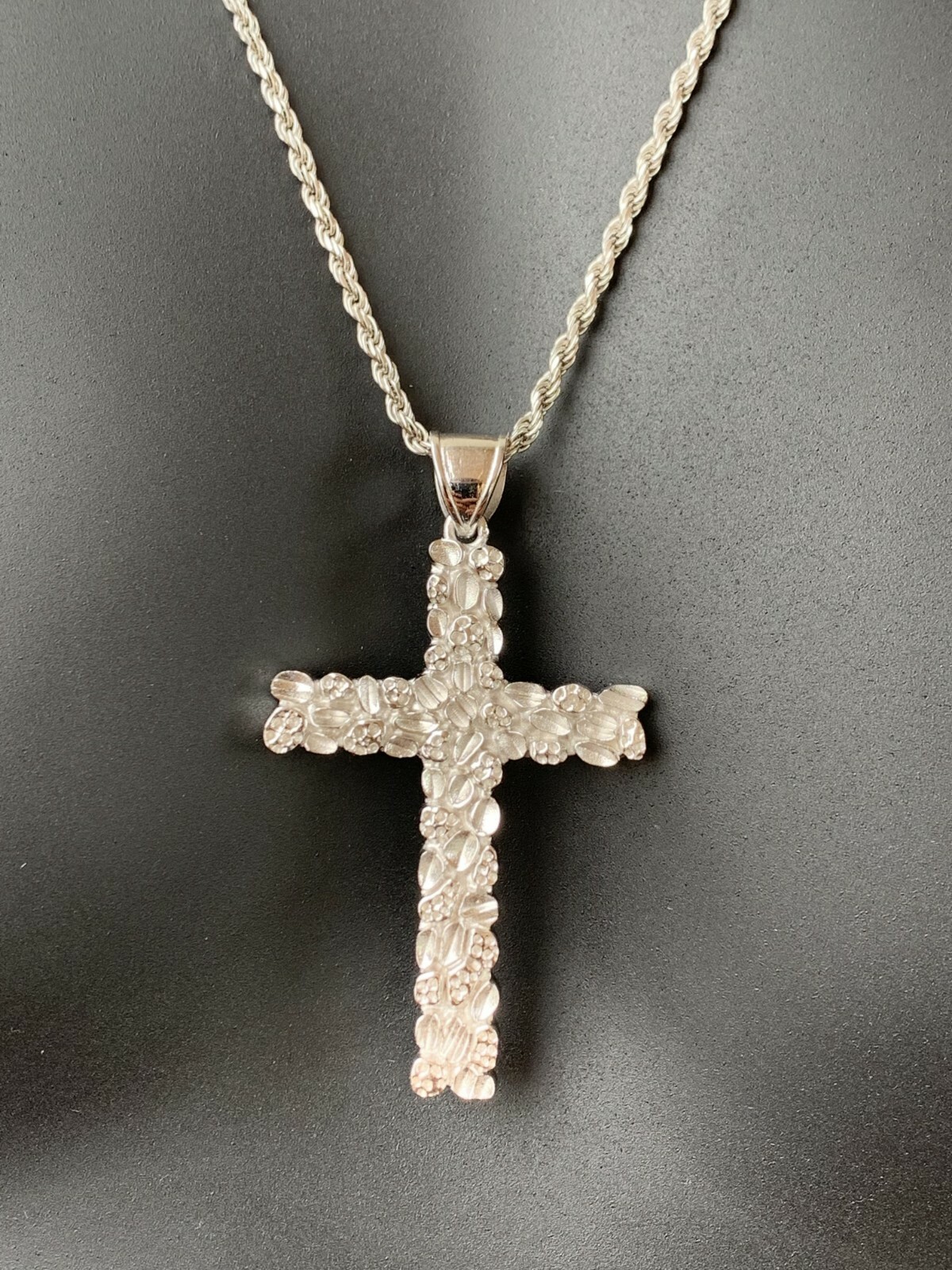 Mens Large 2.25″ Solid 925 Sterling Silver Nugget Cross Pendant Crucifix Chain