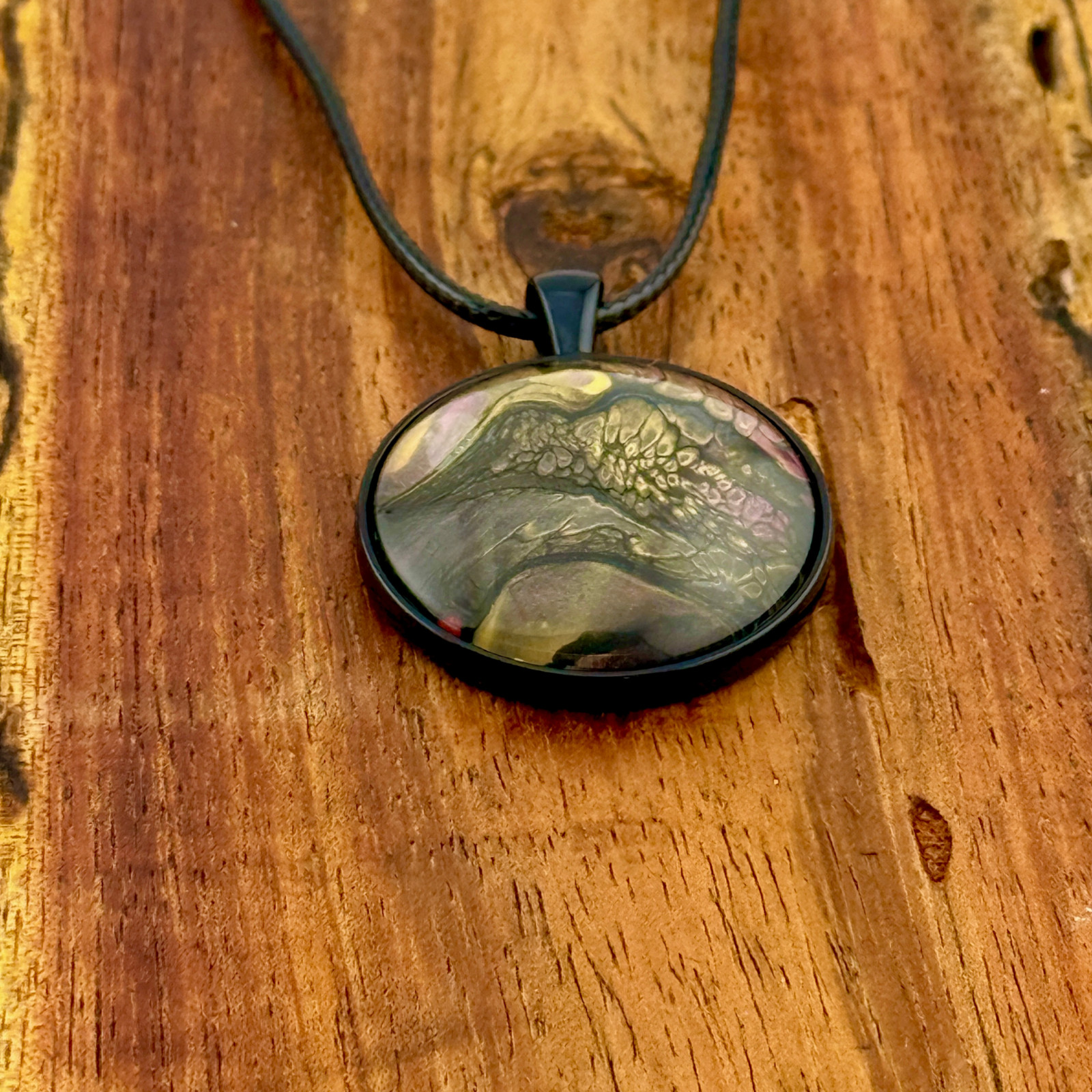 Pendant Necklace Handmade “Volcano Mountain” Black Bezel 30mm Black Cord