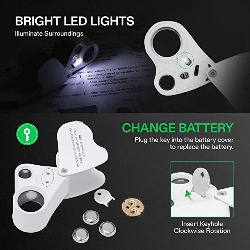 30X 60X LED Illuminated Jeweler’s Loupe – Foldable Magnifier for Coins & Gems