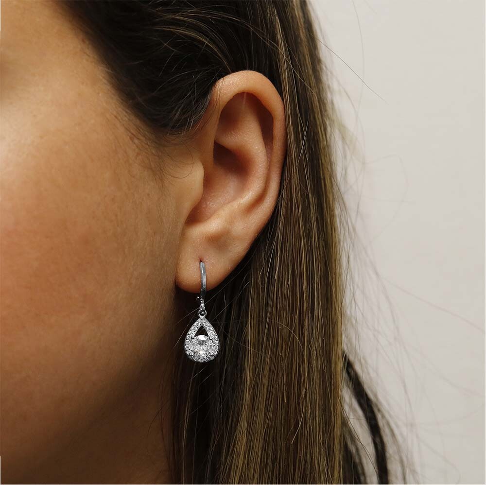 18k White Gold Round Cz Teardrop Leverback Earrings Made With Swarovski Elements
