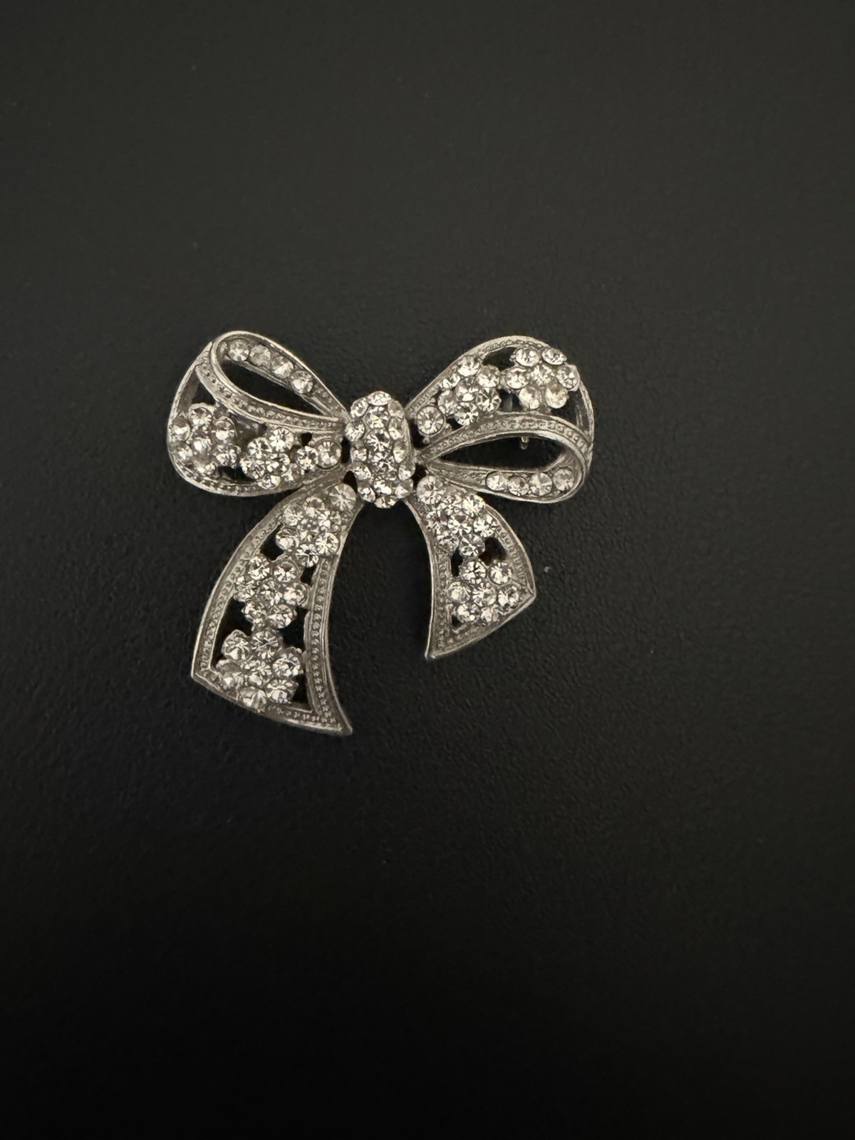 Rhodium Plated Pavé CZ Bow Brooch, Vintage-Style Rhinestone Pin.