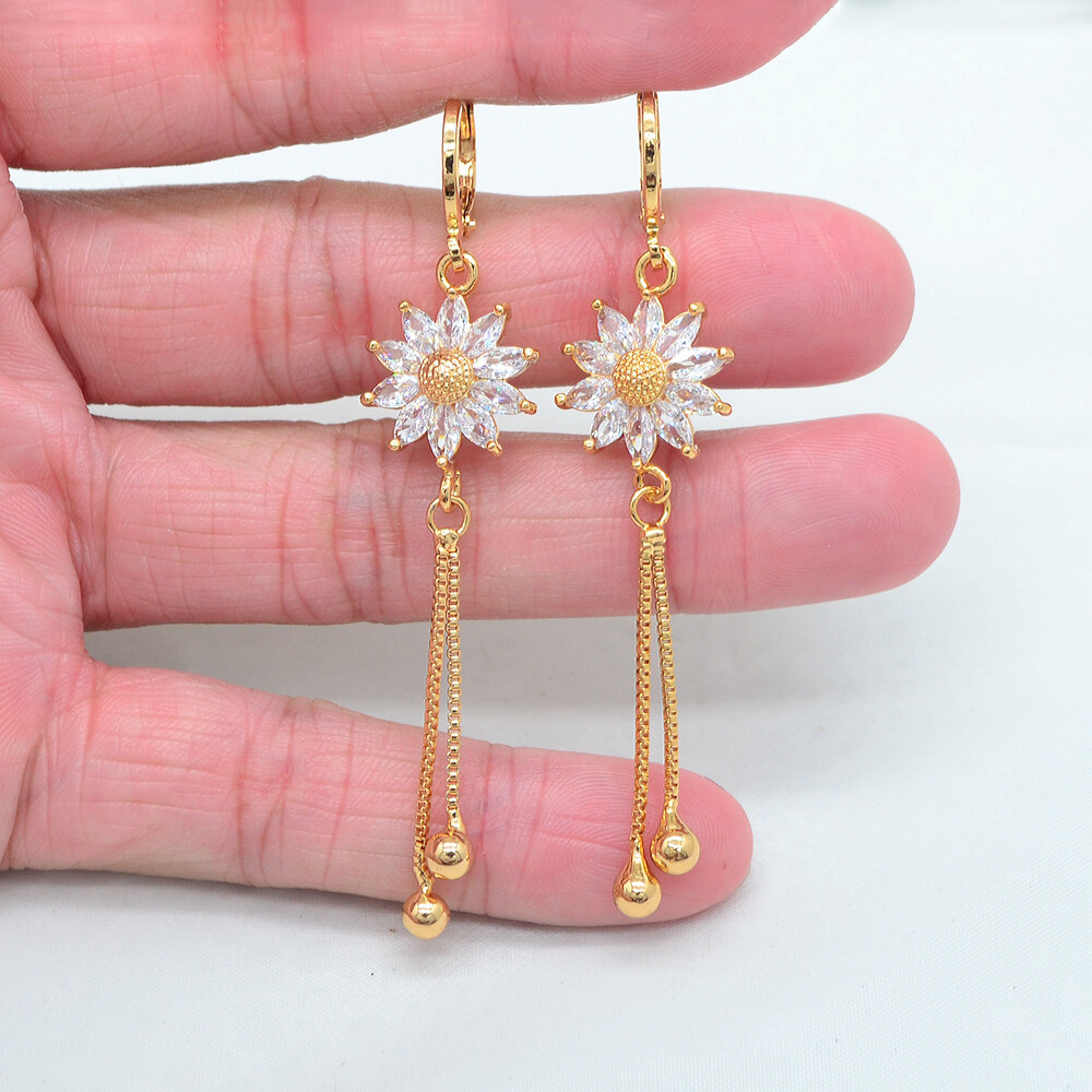 18K Yellow Gold Filled Women Clear Mystic Topaz Sunflower Tassel Earrings