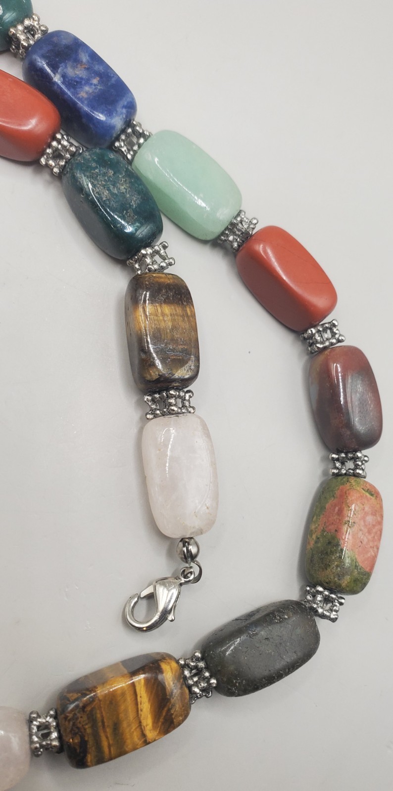 Multi Polished Natural Gemstone Necklace Green & Orange Jade, Tigers Eye, Quartz