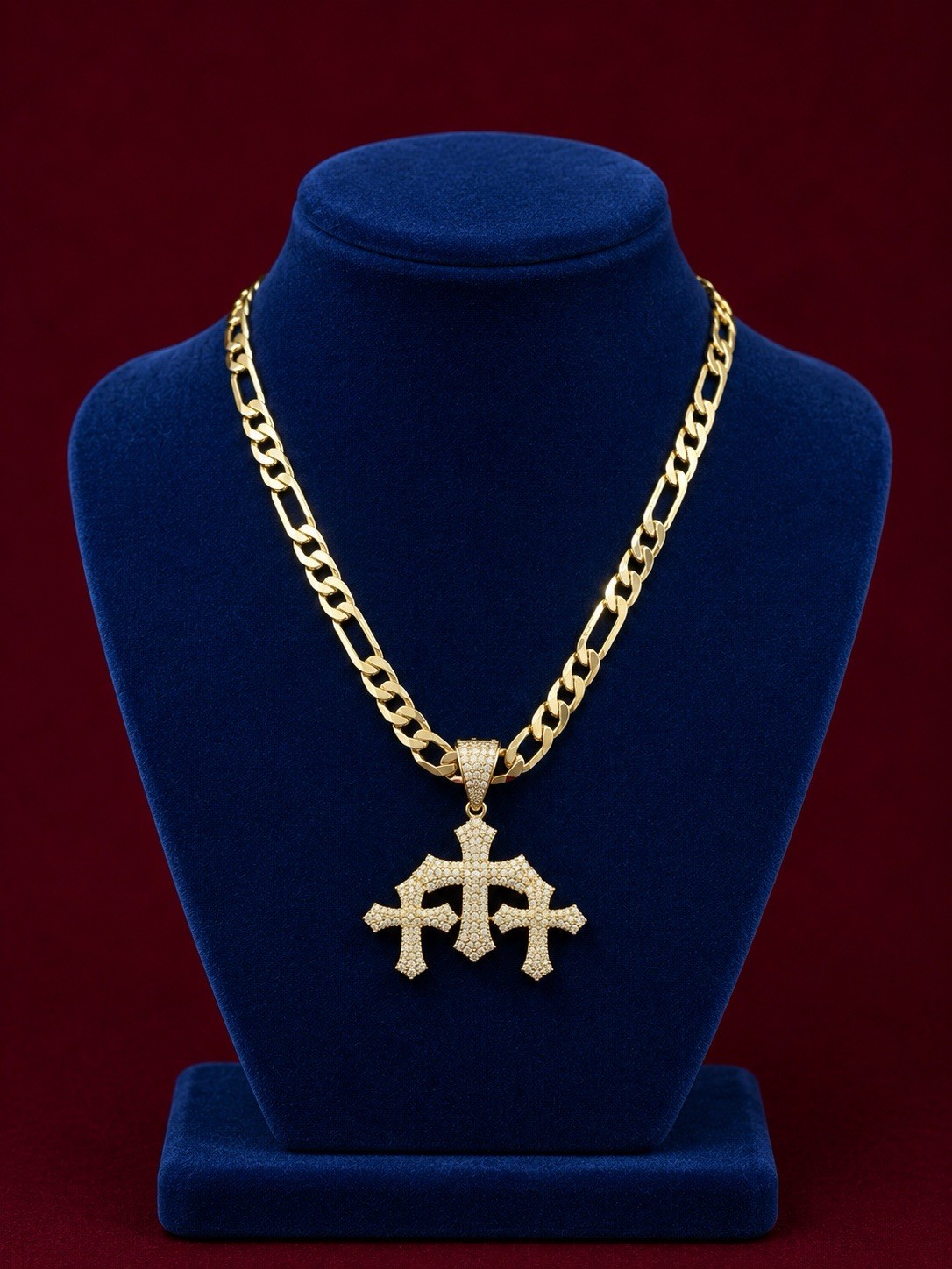 Gold plated top quality none tarnished Curb Chain Triple Cross CZ Pendant