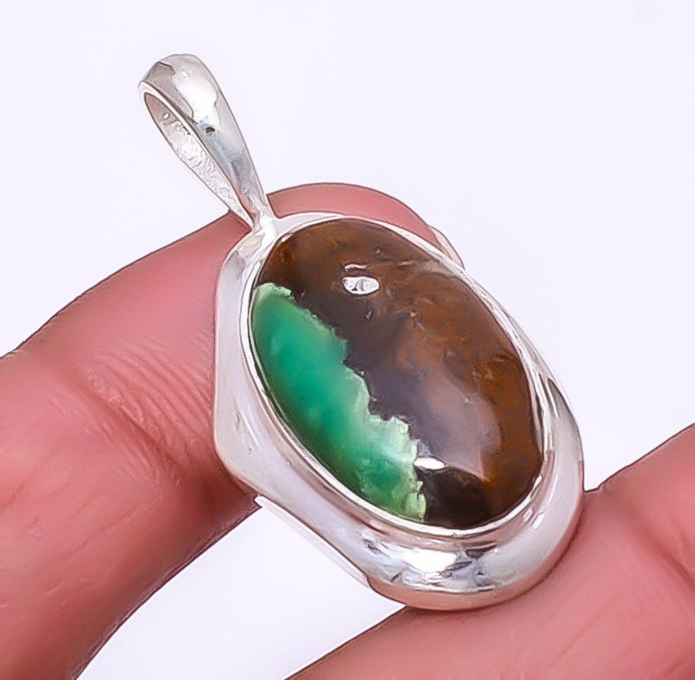 Boulder Chrysoprase – Australia 925 Silver Plated Pendant 1.56″ T96