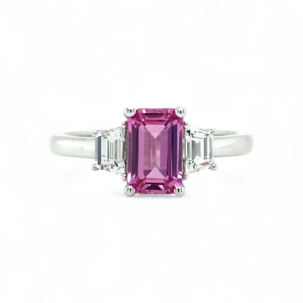 14K White Gold Wedding Ring Lab Created Pink Sapphire Diamond 2.80 Carat Emerald