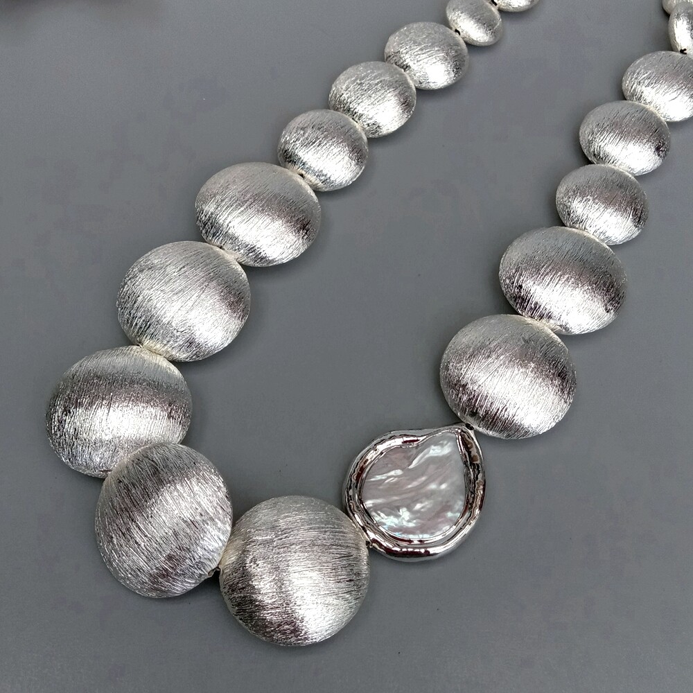 Freshwater White Coin Pearl Silver Color Brushed Coin Bead Graduated Necklace