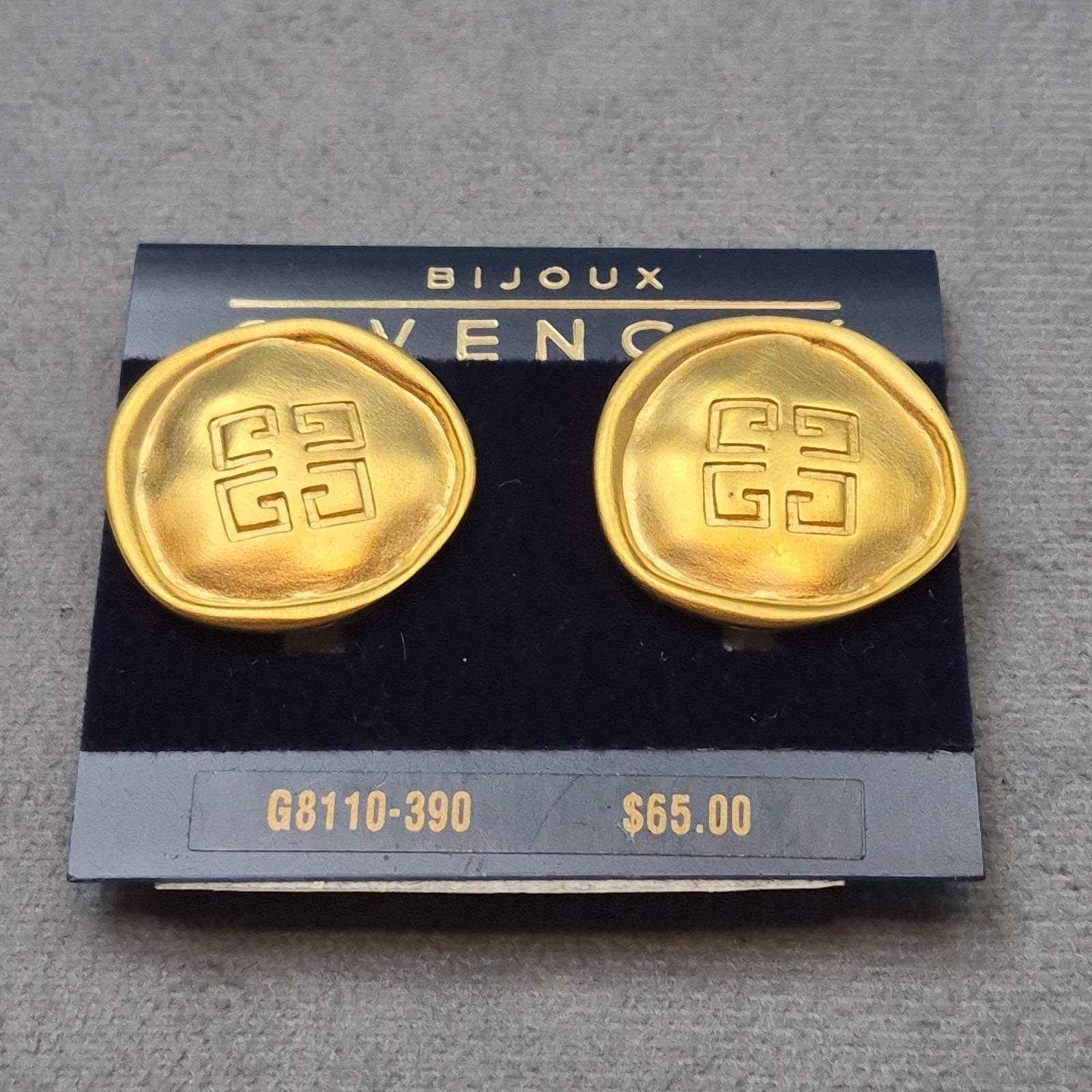 GIVENCHY Vintage Clip On Earrings 4G Logo Brushed Gold Satin Matte Chunky Signed