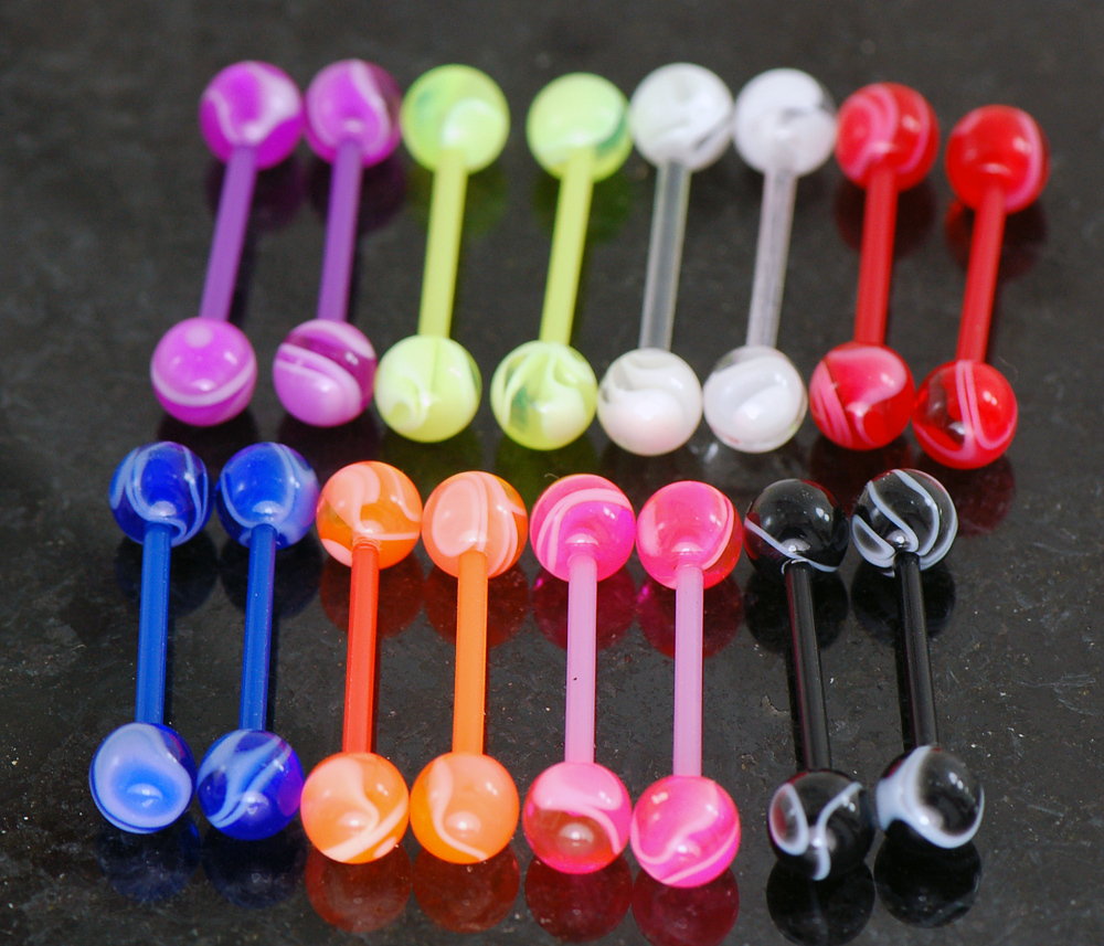 20 Pc (10 Pairs) UV Marble Flexible Bar Tongue Rings, Nipple Barbells No Metal