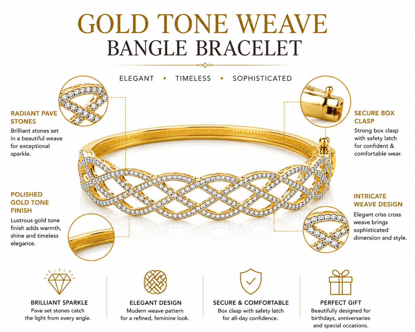 Gold Tone Pave Criss Cross Weave Bangle Bracelet Elegant Women’s Cuff 7-8″