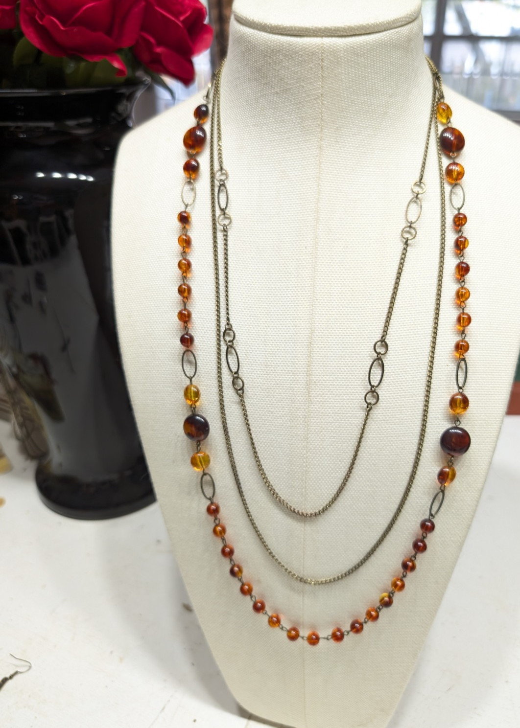 Long Amber Colored Beads Necklace- w/2 Plain chains