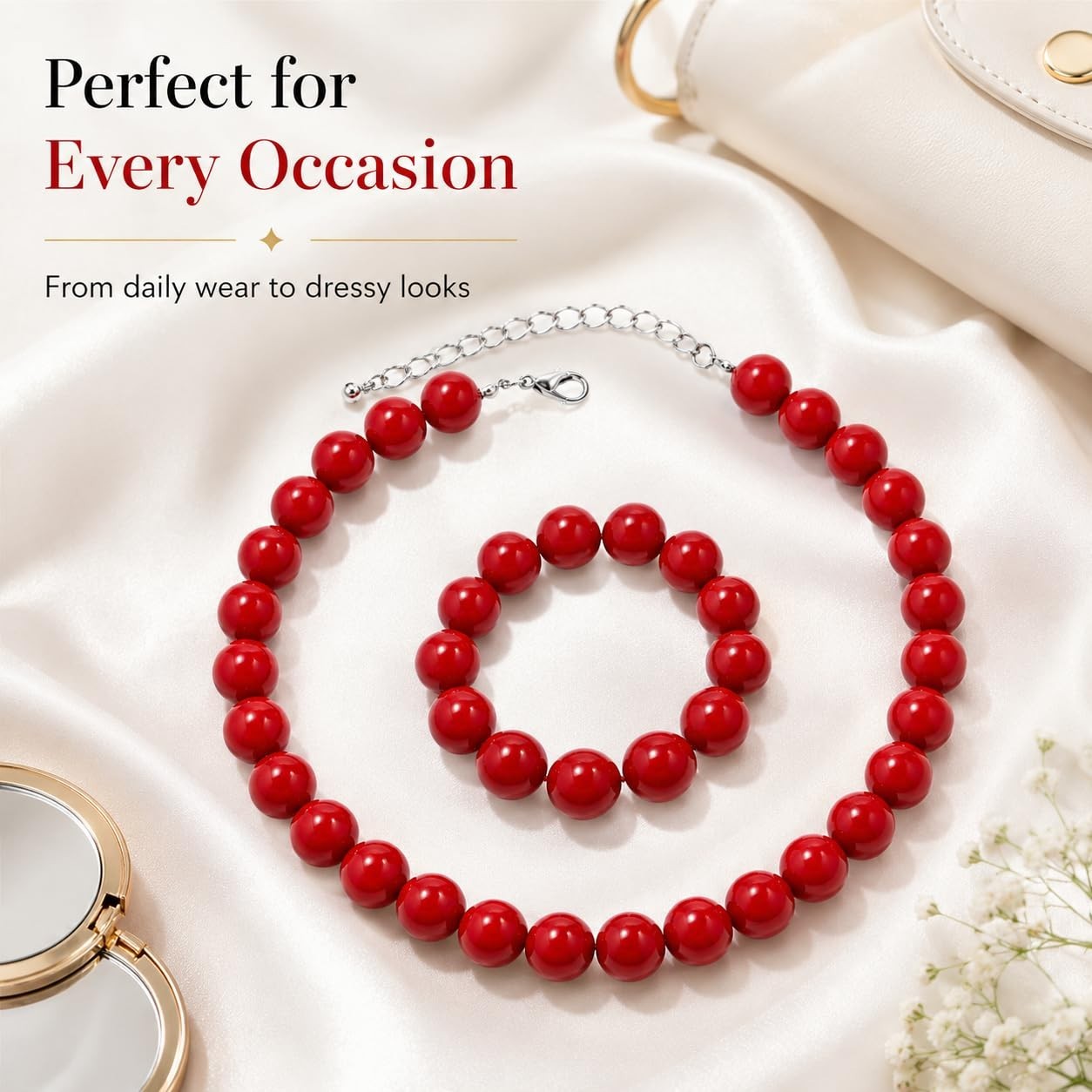 Chunky Red Beaded Necklace for Women – Adjustable 16MM Pearl Choker, Boho Statem