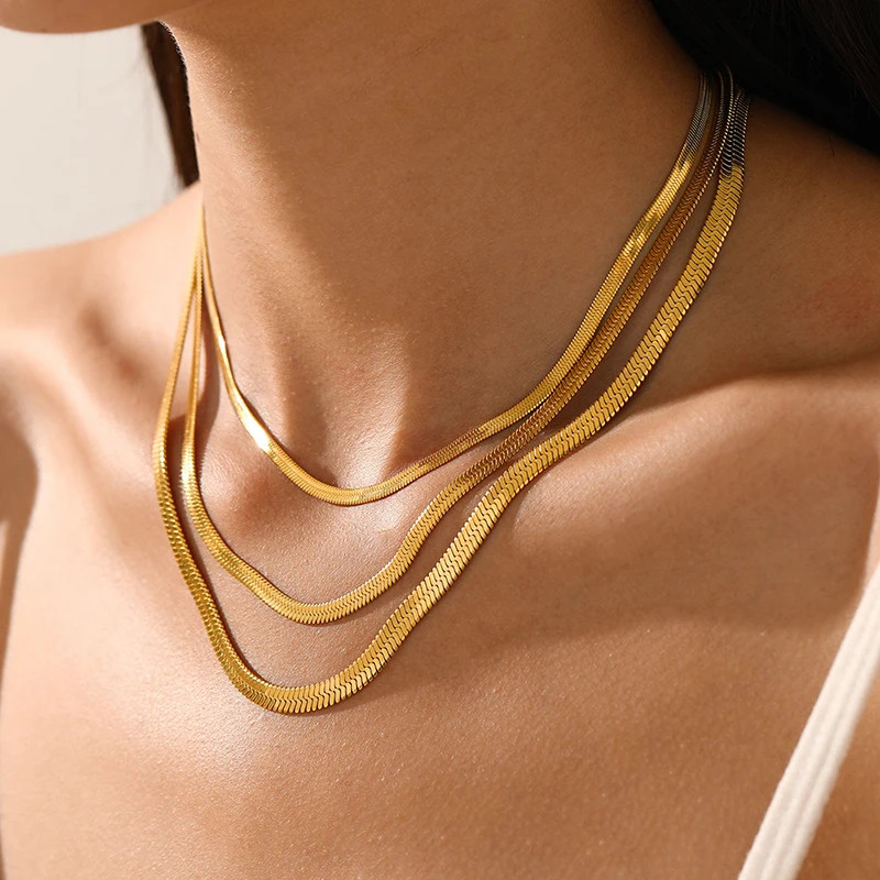 Stainless Steel Snake Chain Choker Necklace Gold Silver Herringbone Unisex